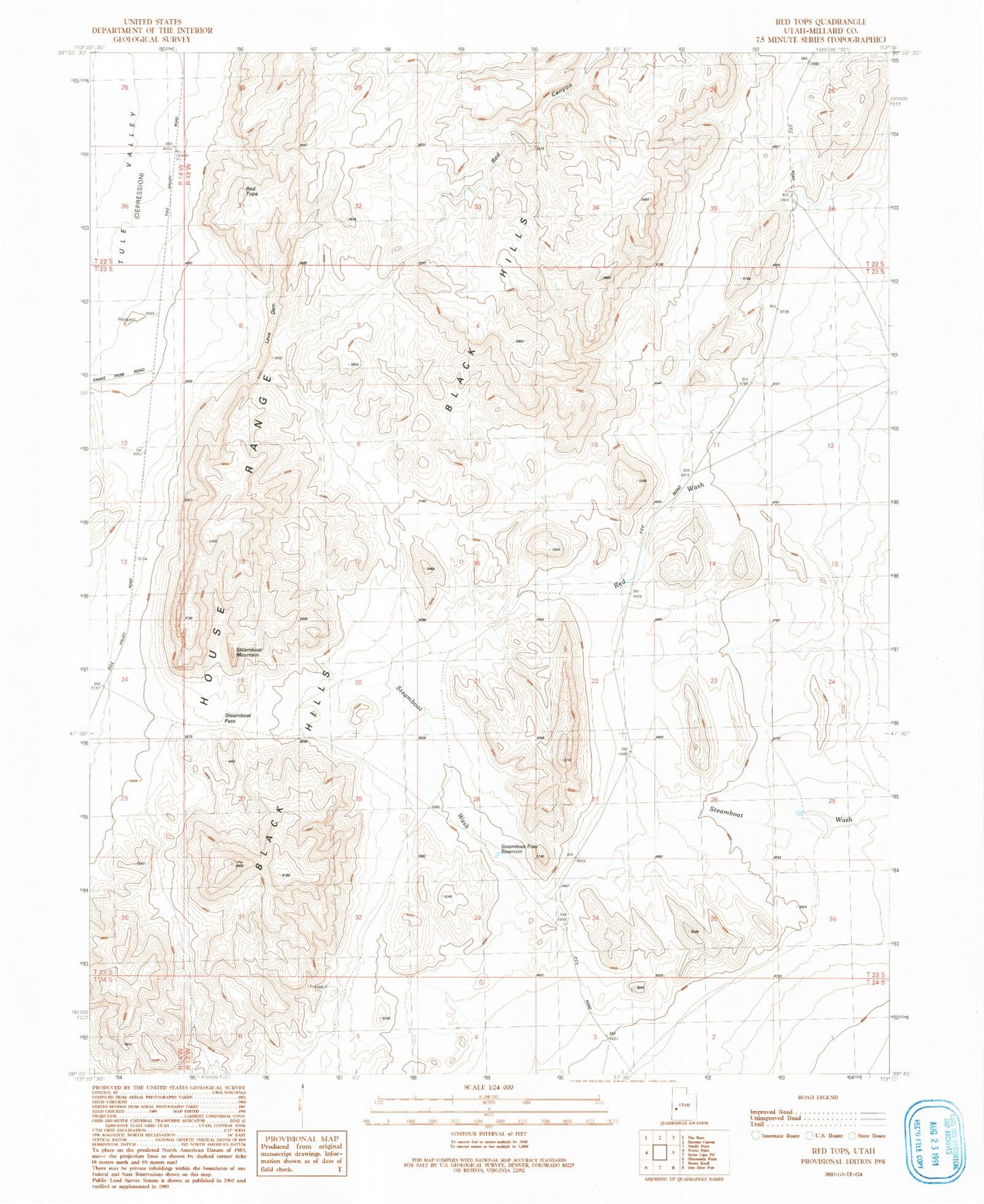 Classic USGS Red Tops Utah 7.5'x7.5' Topo Map Image