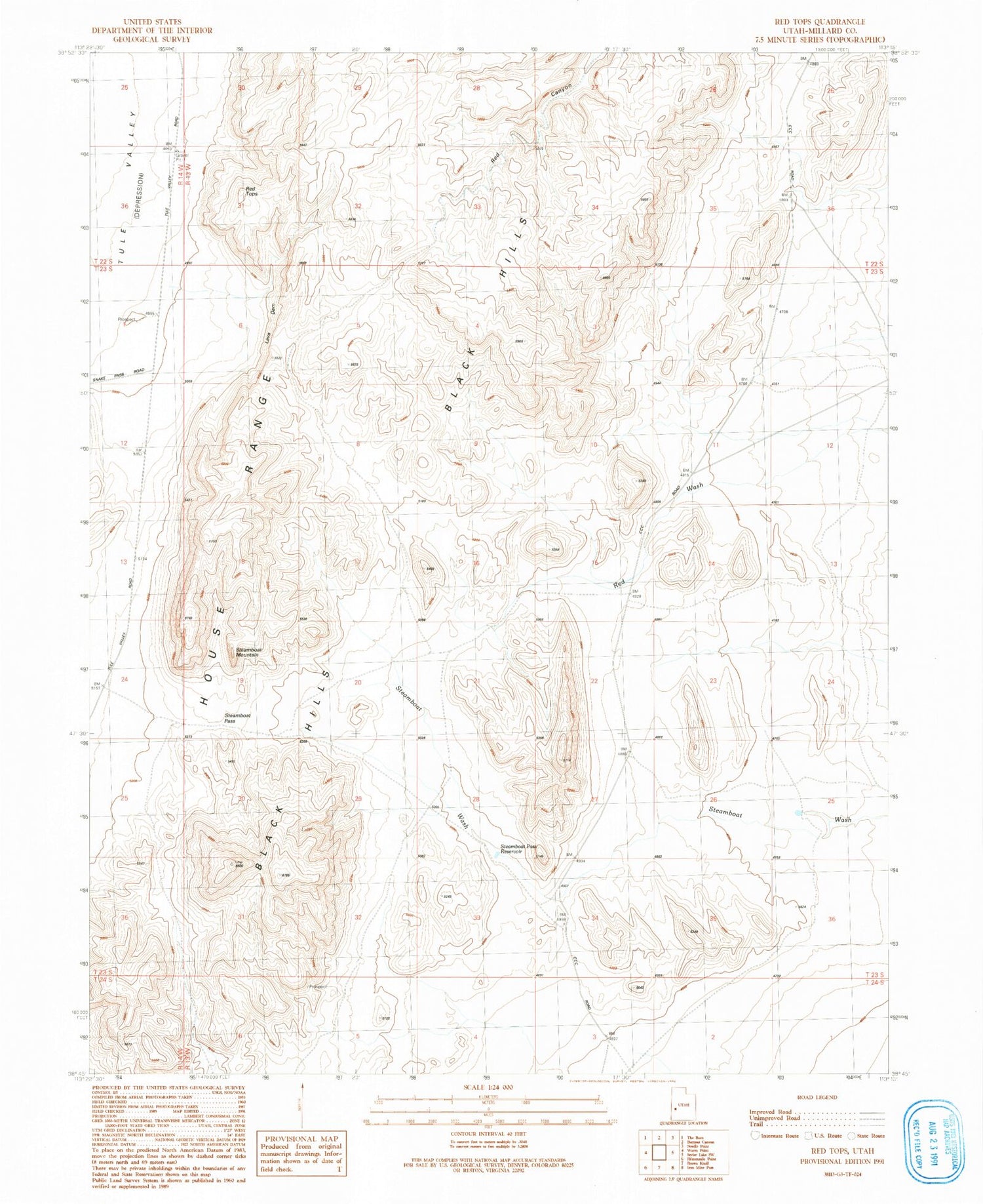 Classic USGS Red Tops Utah 7.5'x7.5' Topo Map Image
