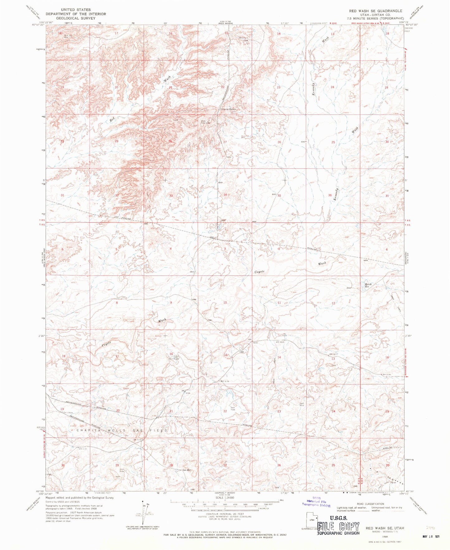Classic USGS Red Wash SE Utah 7.5'x7.5' Topo Map Image
