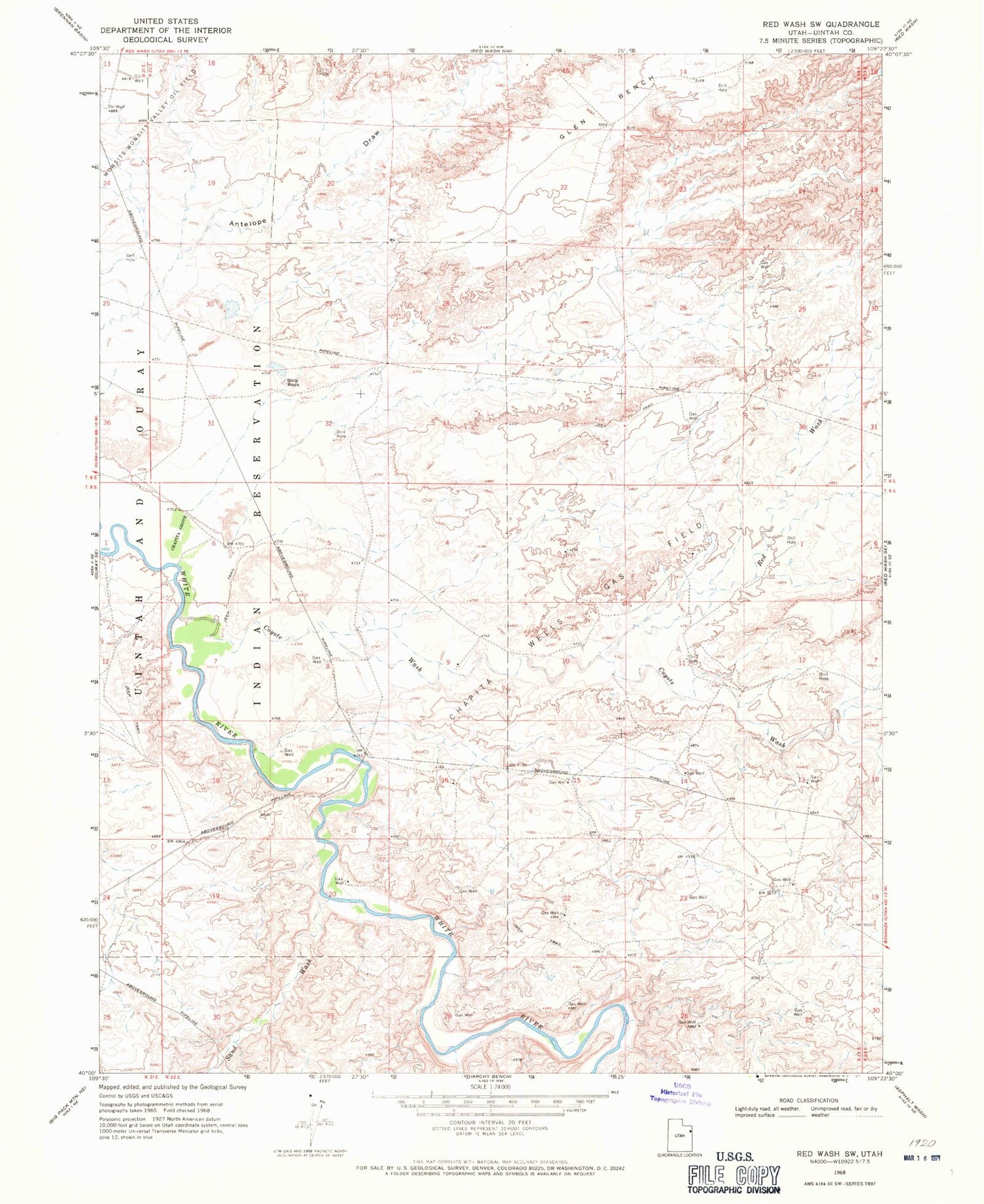 Classic USGS Red Wash SW Utah 7.5'x7.5' Topo Map Image