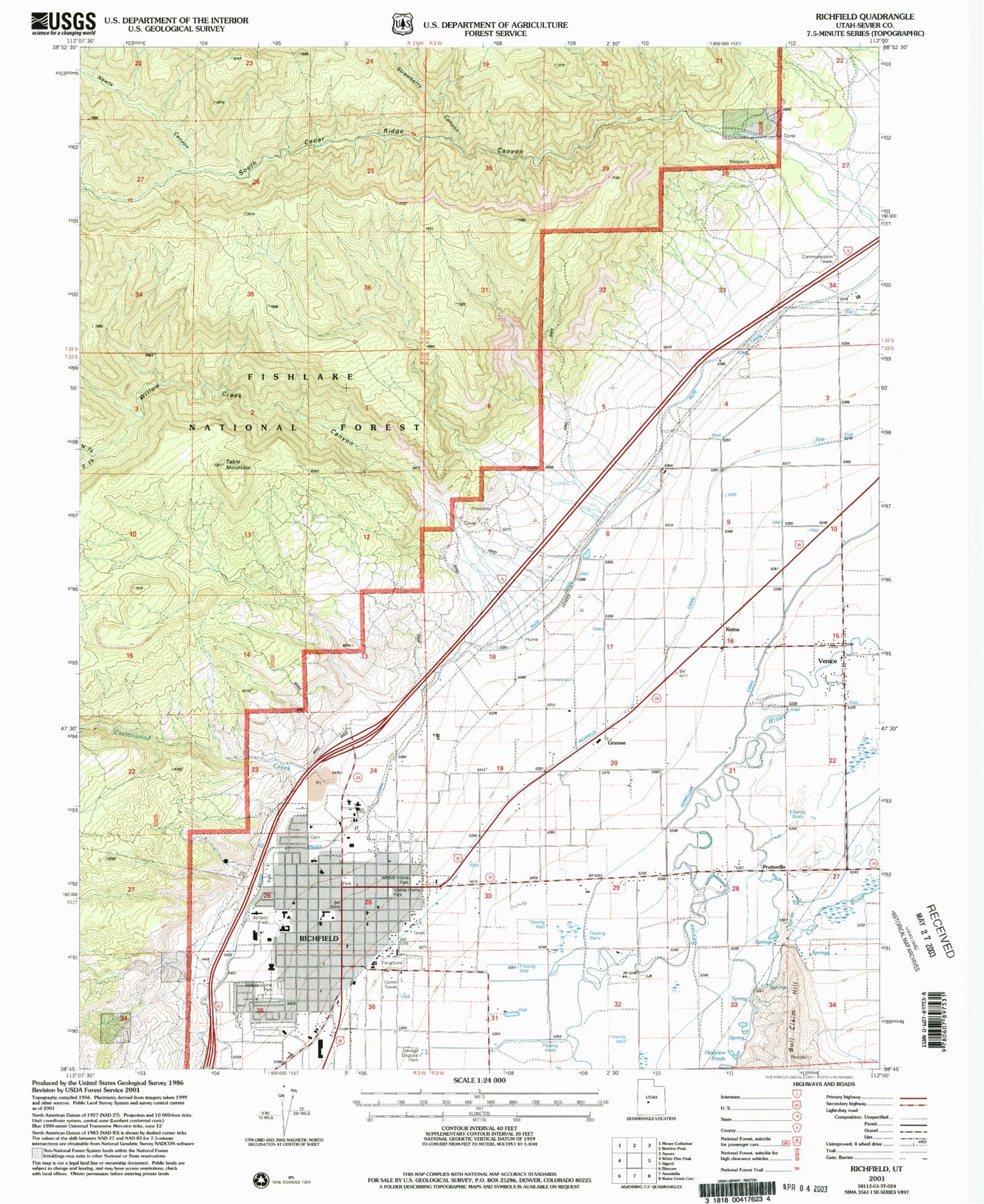 Classic USGS Richfield Utah 7.5'x7.5' Topo Map Image