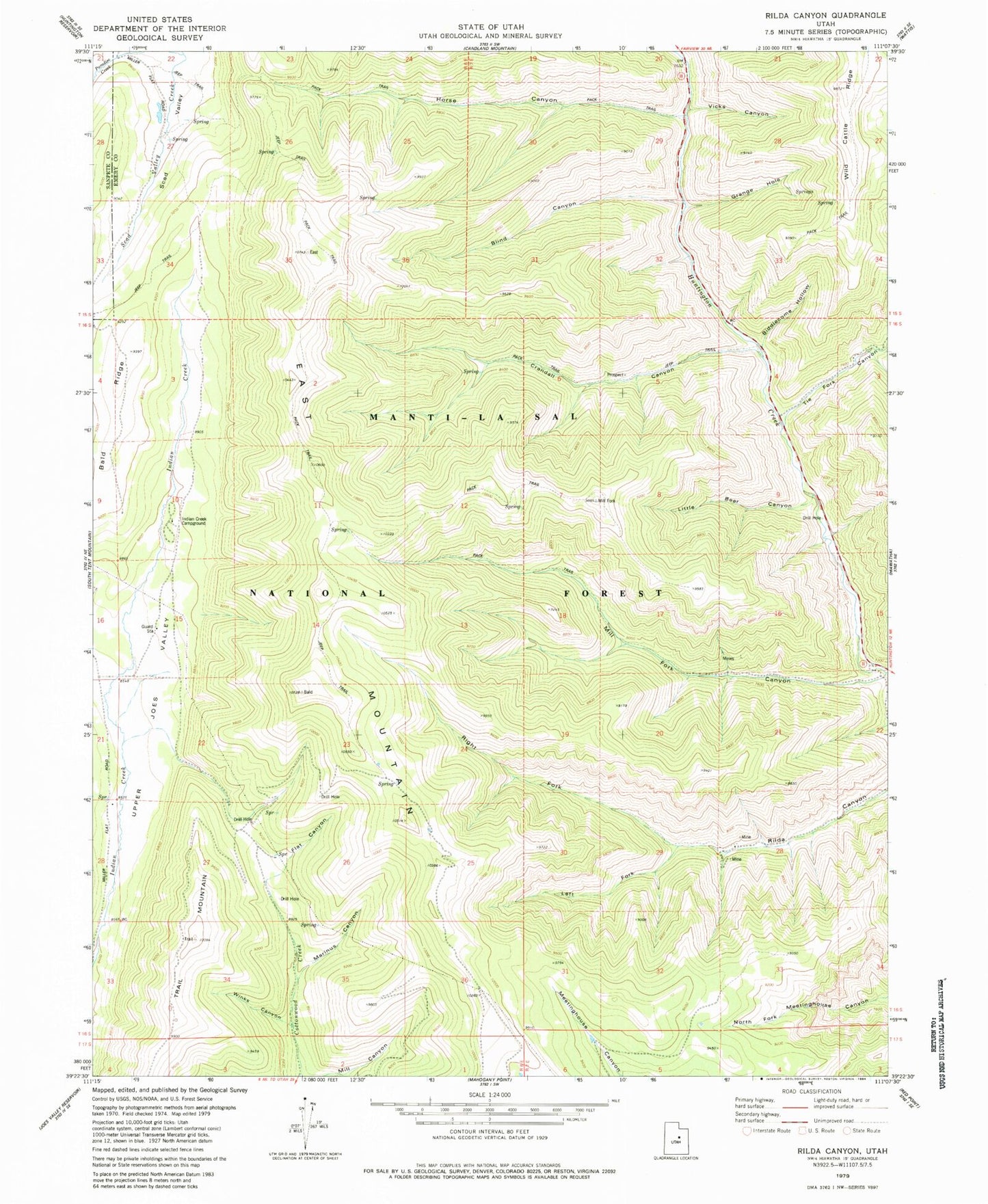 Classic USGS Rilda Canyon Utah 7.5'x7.5' Topo Map Image