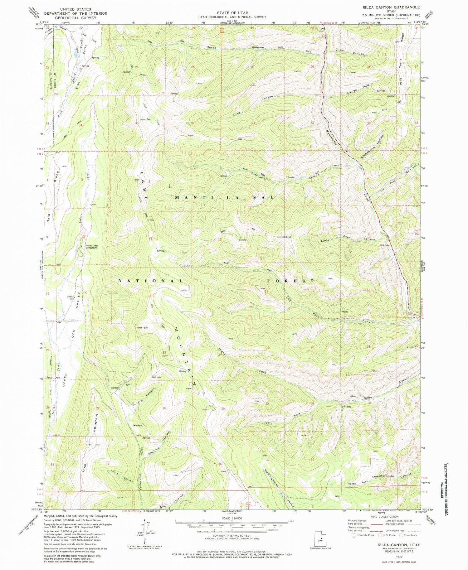 Classic USGS Rilda Canyon Utah 7.5'x7.5' Topo Map Image