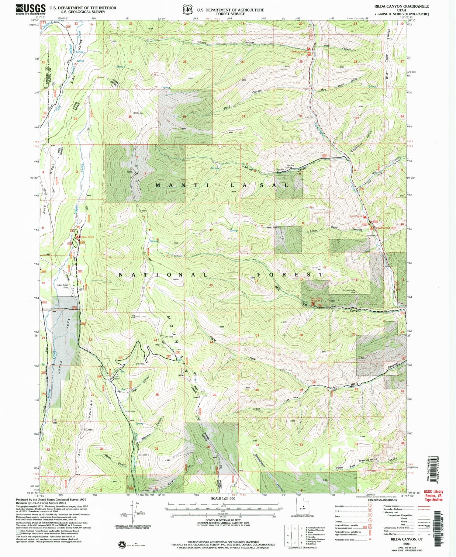 Classic USGS Rilda Canyon Utah 7.5'x7.5' Topo Map Image