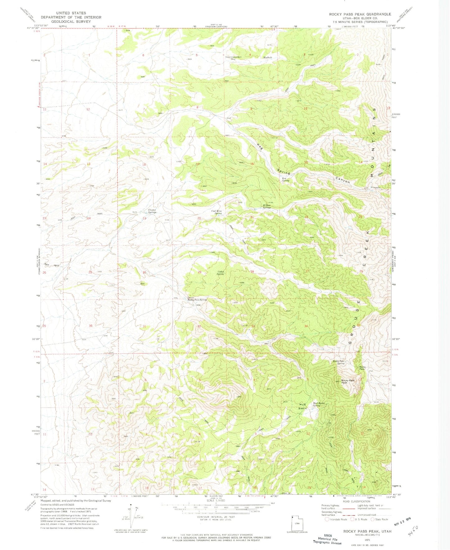 Classic USGS Rocky Pass Peak Utah 7.5'x7.5' Topo Map Image