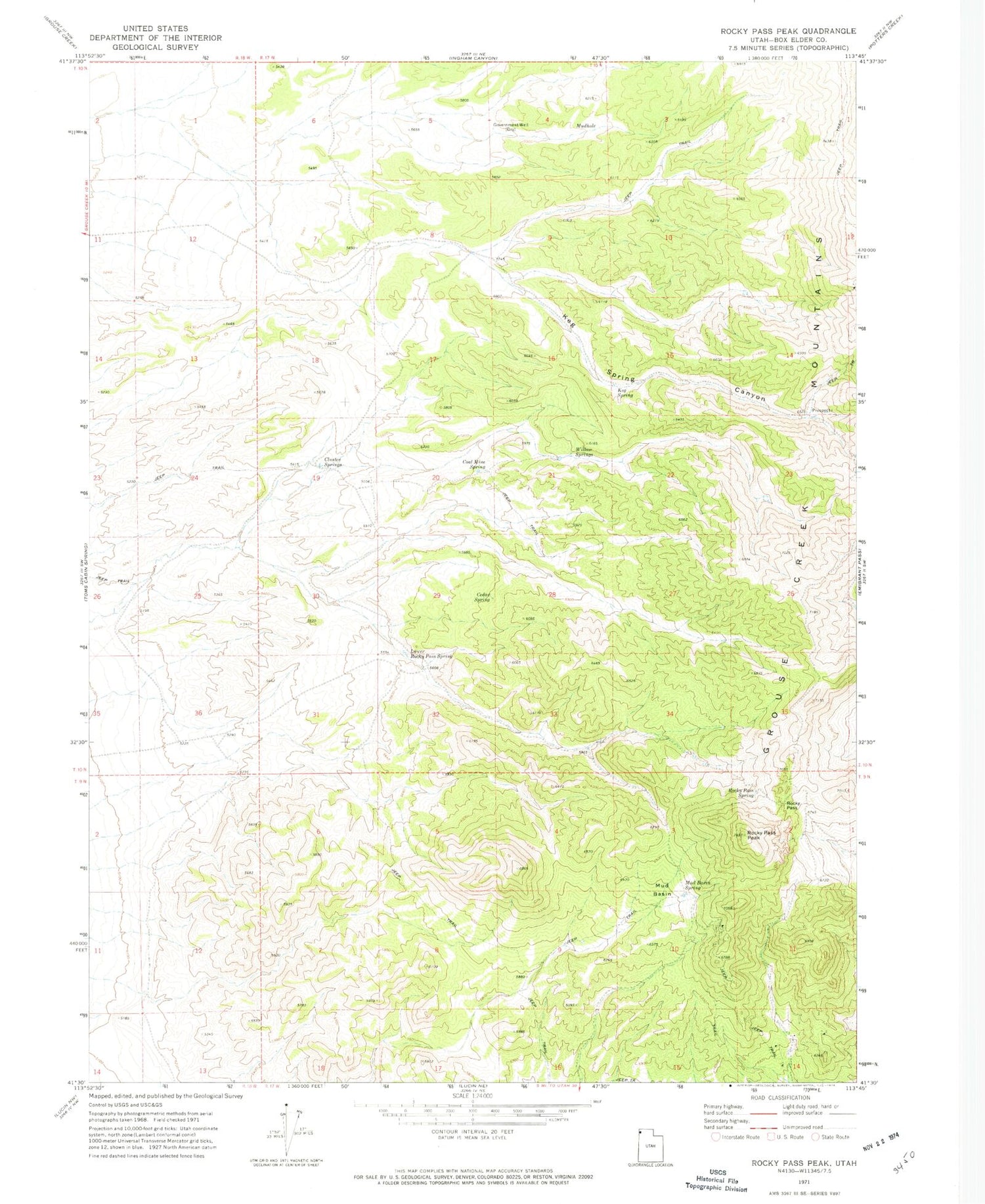 Classic USGS Rocky Pass Peak Utah 7.5'x7.5' Topo Map Image