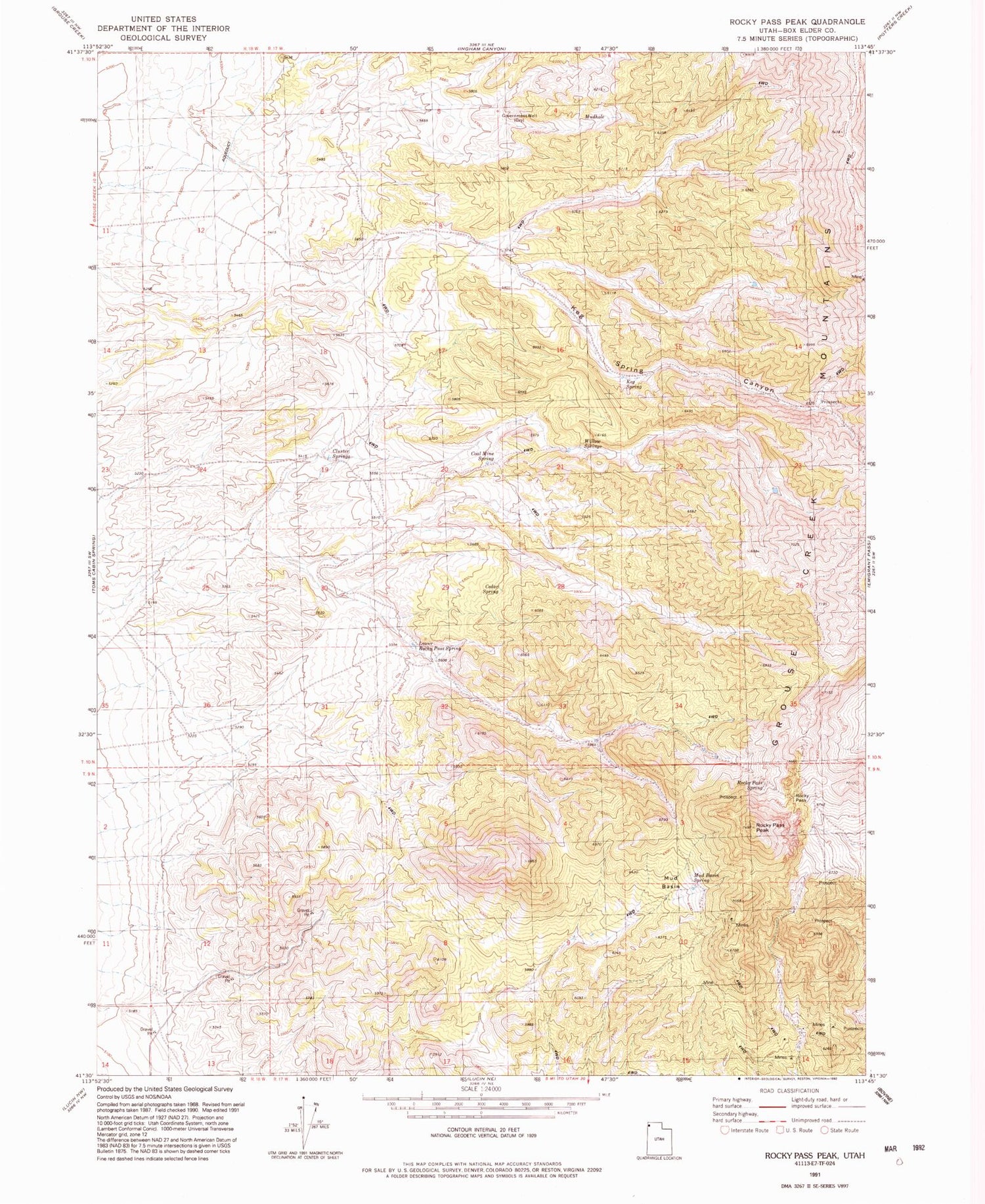 Classic USGS Rocky Pass Peak Utah 7.5'x7.5' Topo Map Image