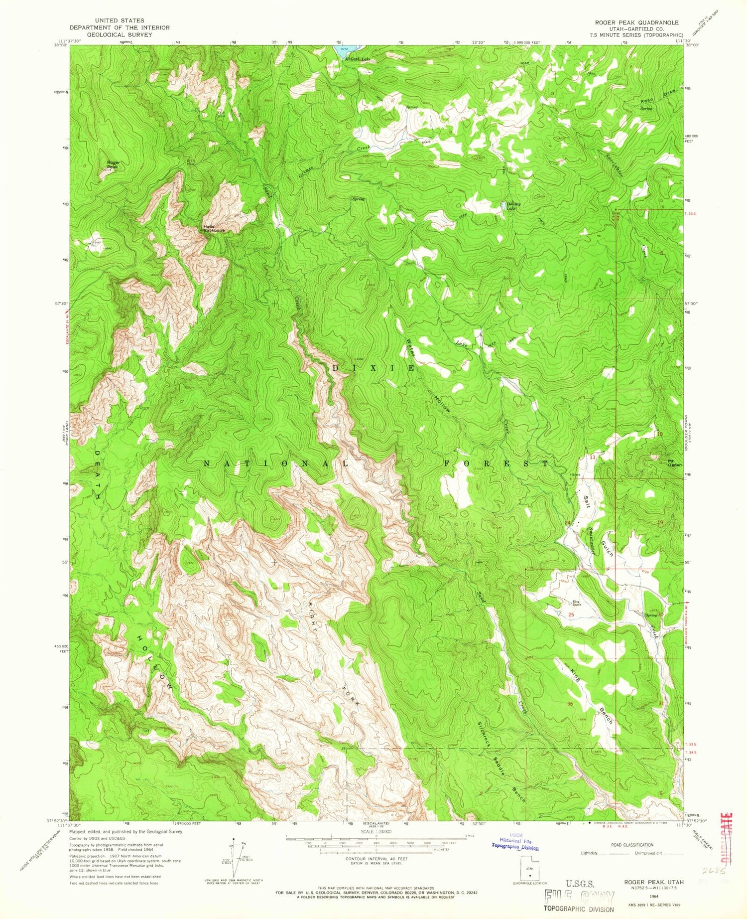 Classic USGS Roger Peak Utah 7.5'x7.5' Topo Map Image