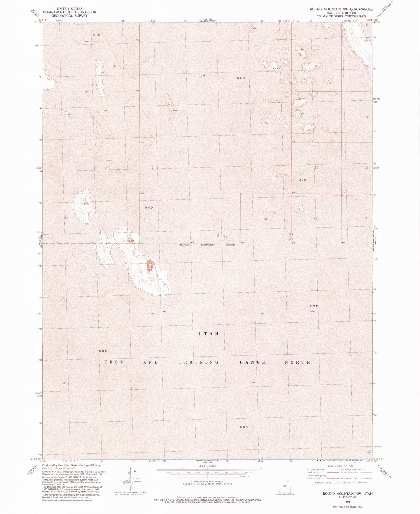 Classic USGS Round Mountain NW Utah 7.5'x7.5' Topo Map Image