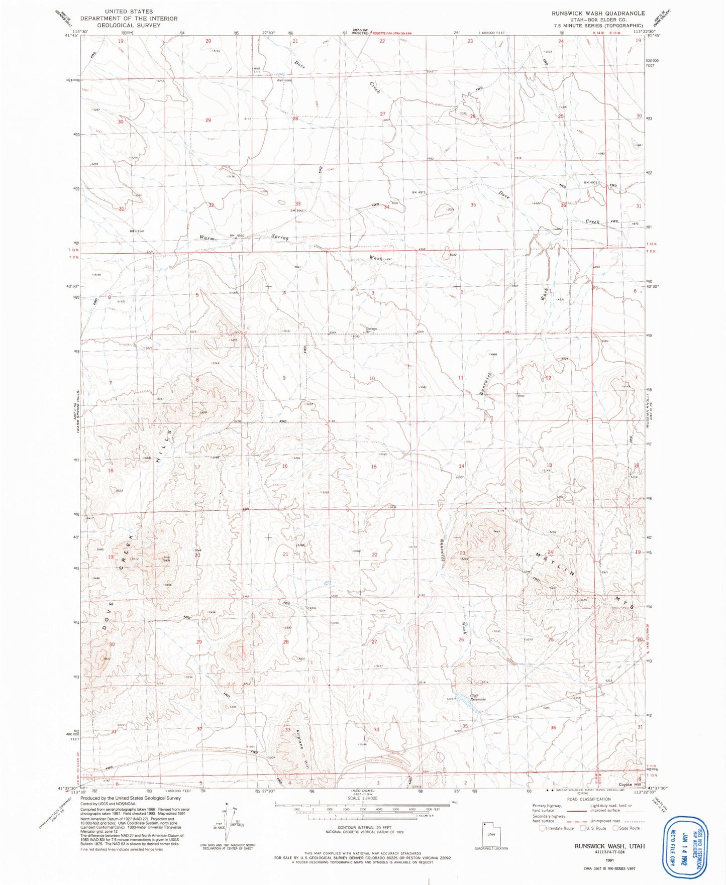 Classic USGS Runswick Wash Utah 7.5'x7.5' Topo Map Image