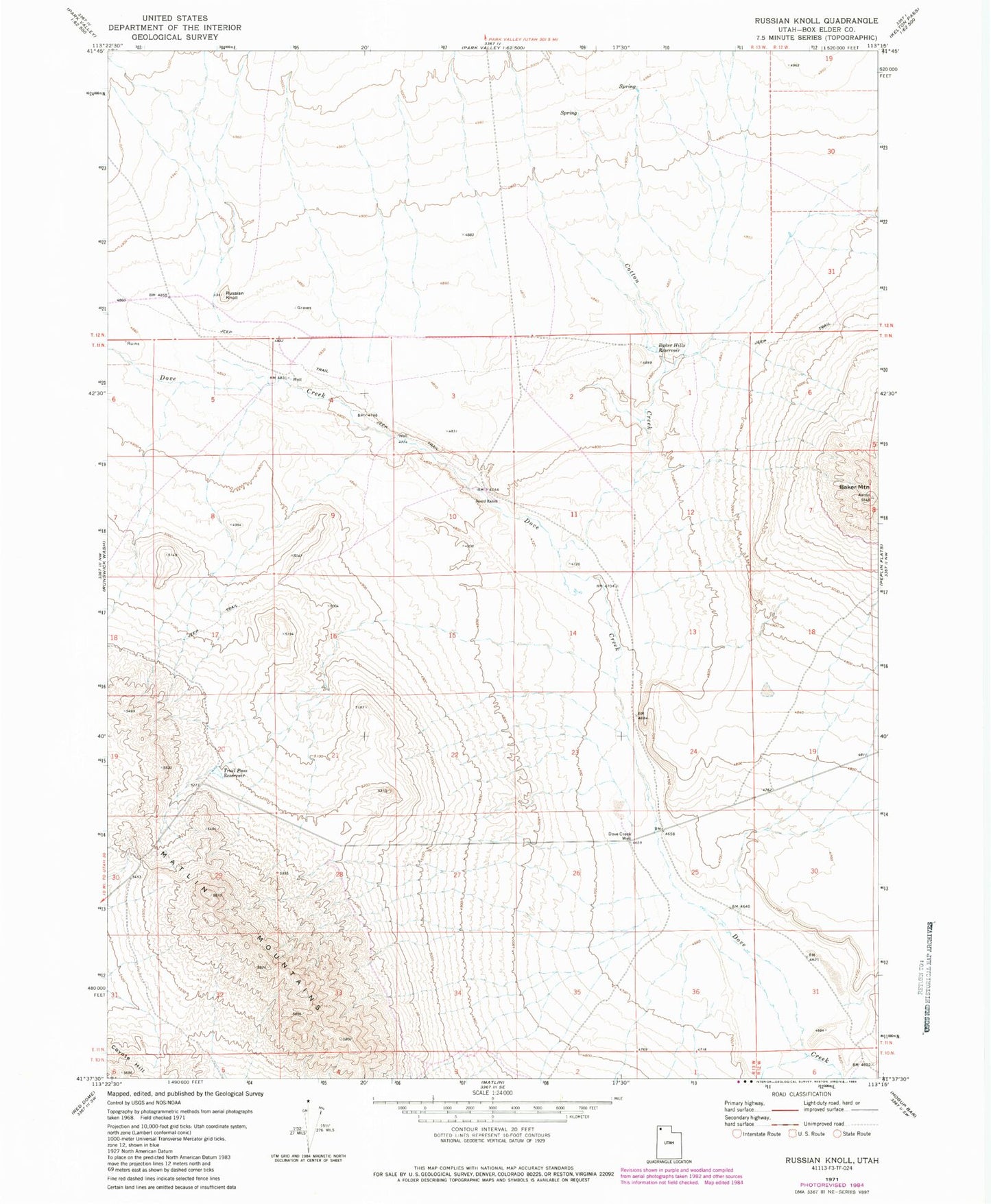 Classic USGS Russian Knoll Utah 7.5'x7.5' Topo Map Image