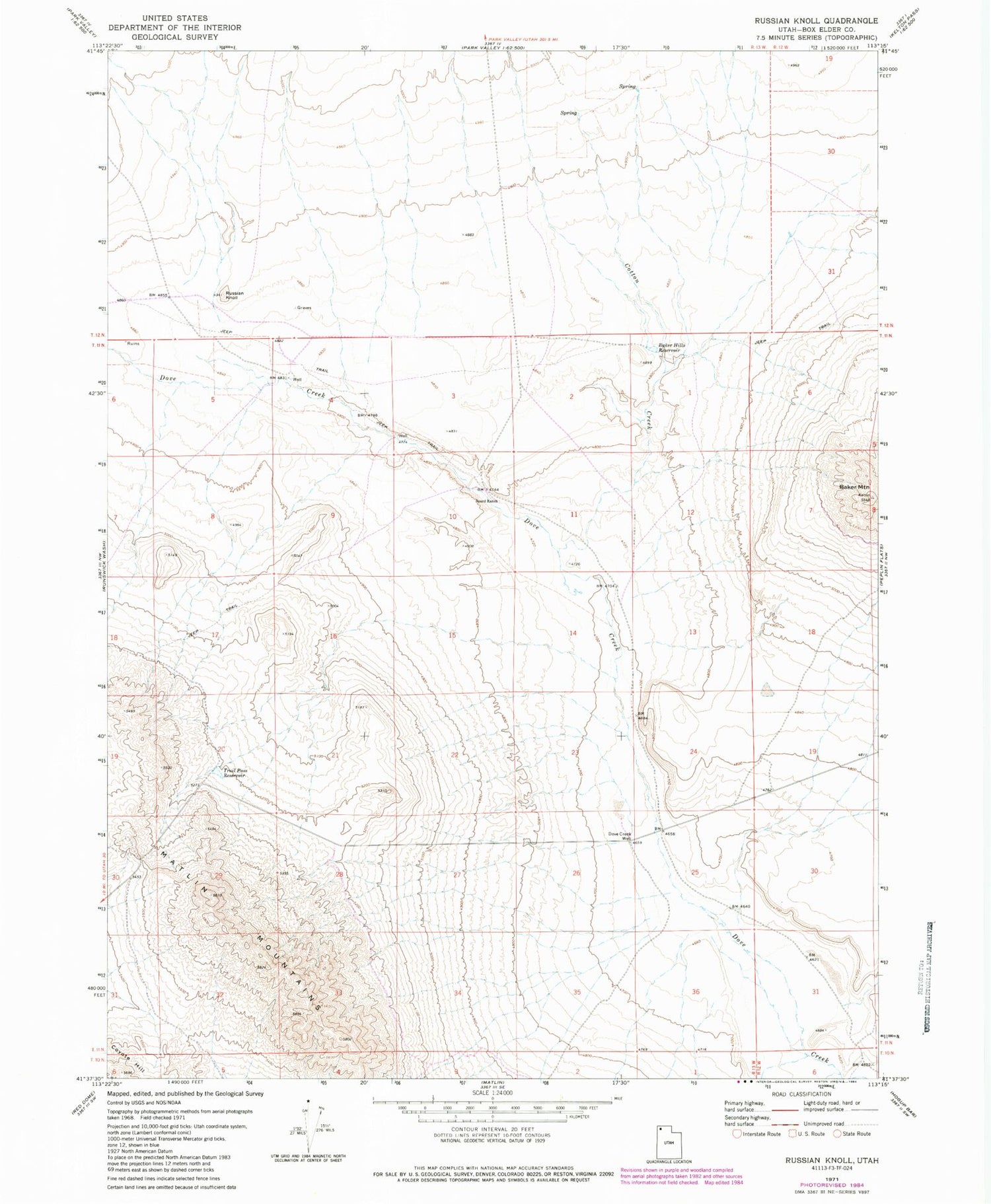 Classic USGS Russian Knoll Utah 7.5'x7.5' Topo Map Image