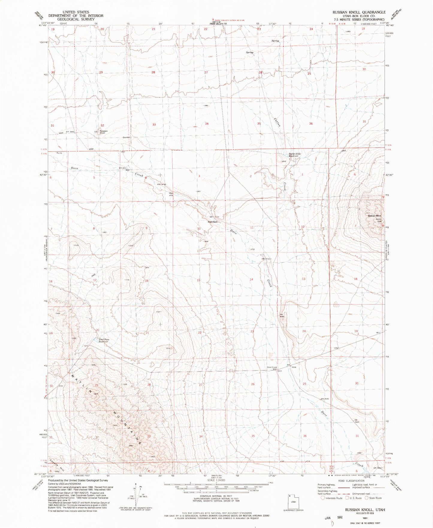 Classic USGS Russian Knoll Utah 7.5'x7.5' Topo Map Image