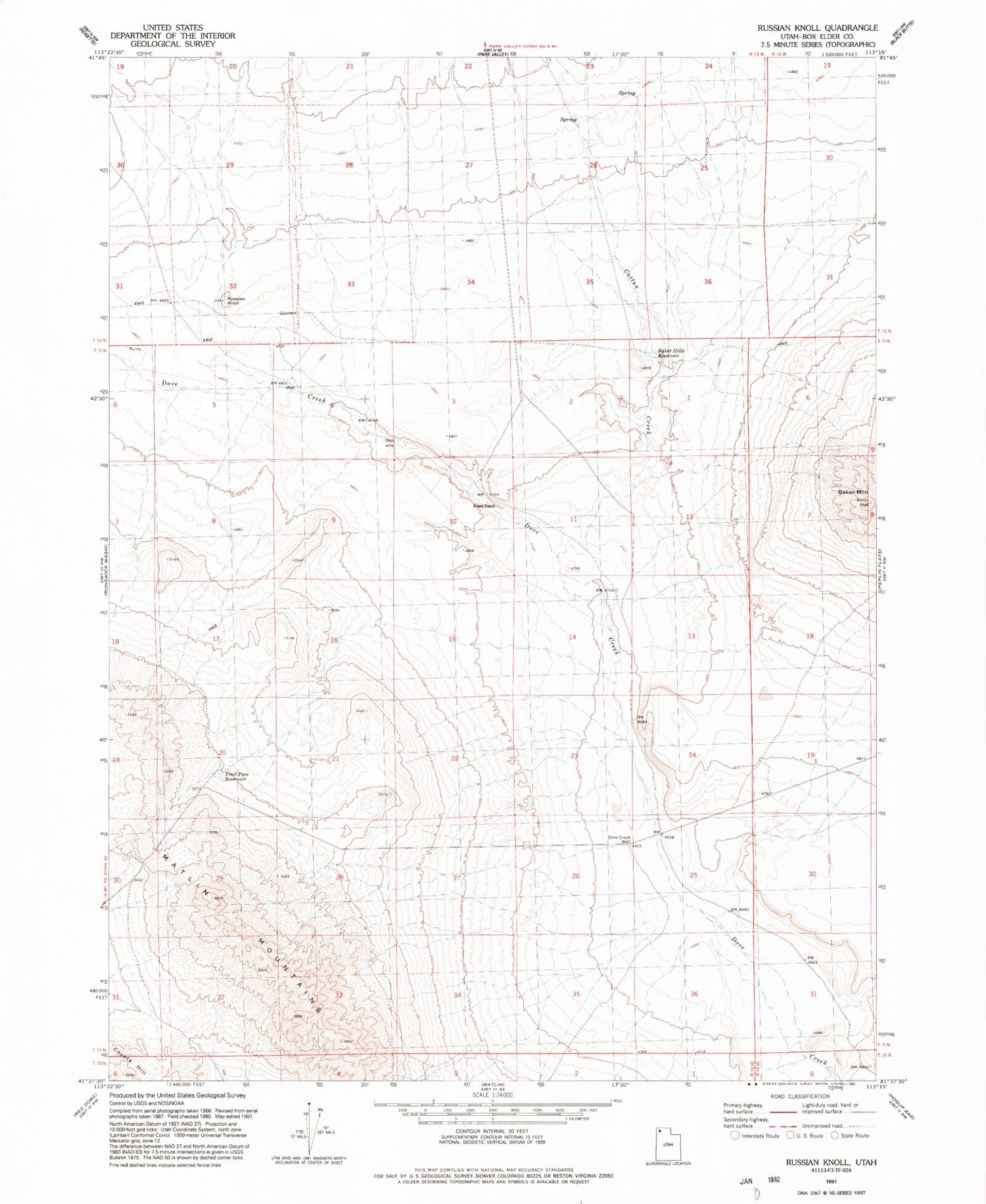 Classic USGS Russian Knoll Utah 7.5'x7.5' Topo Map Image