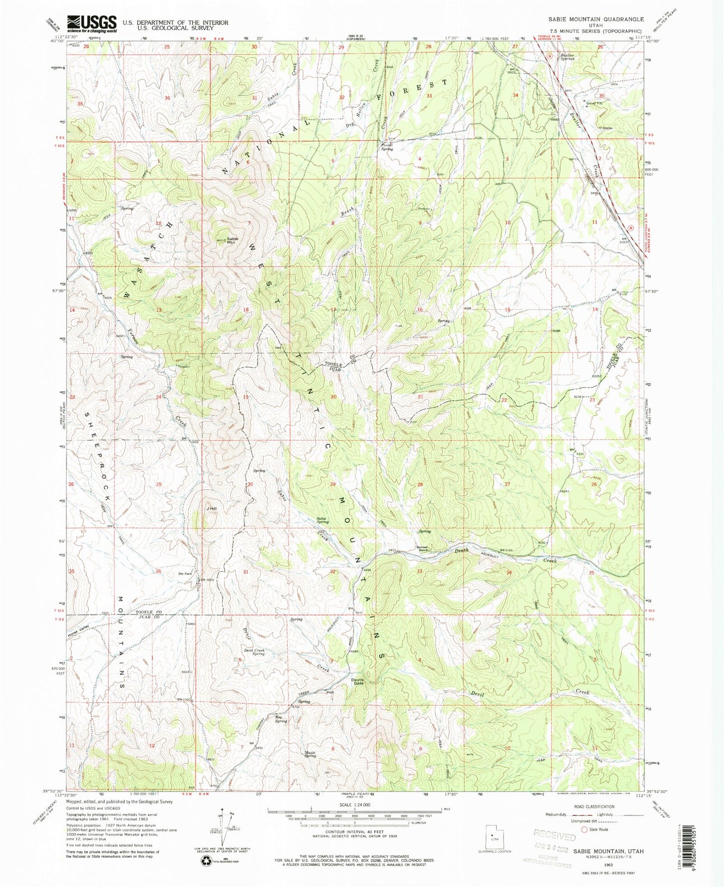 Classic USGS Sabie Mountain Utah 7.5'x7.5' Topo Map Image