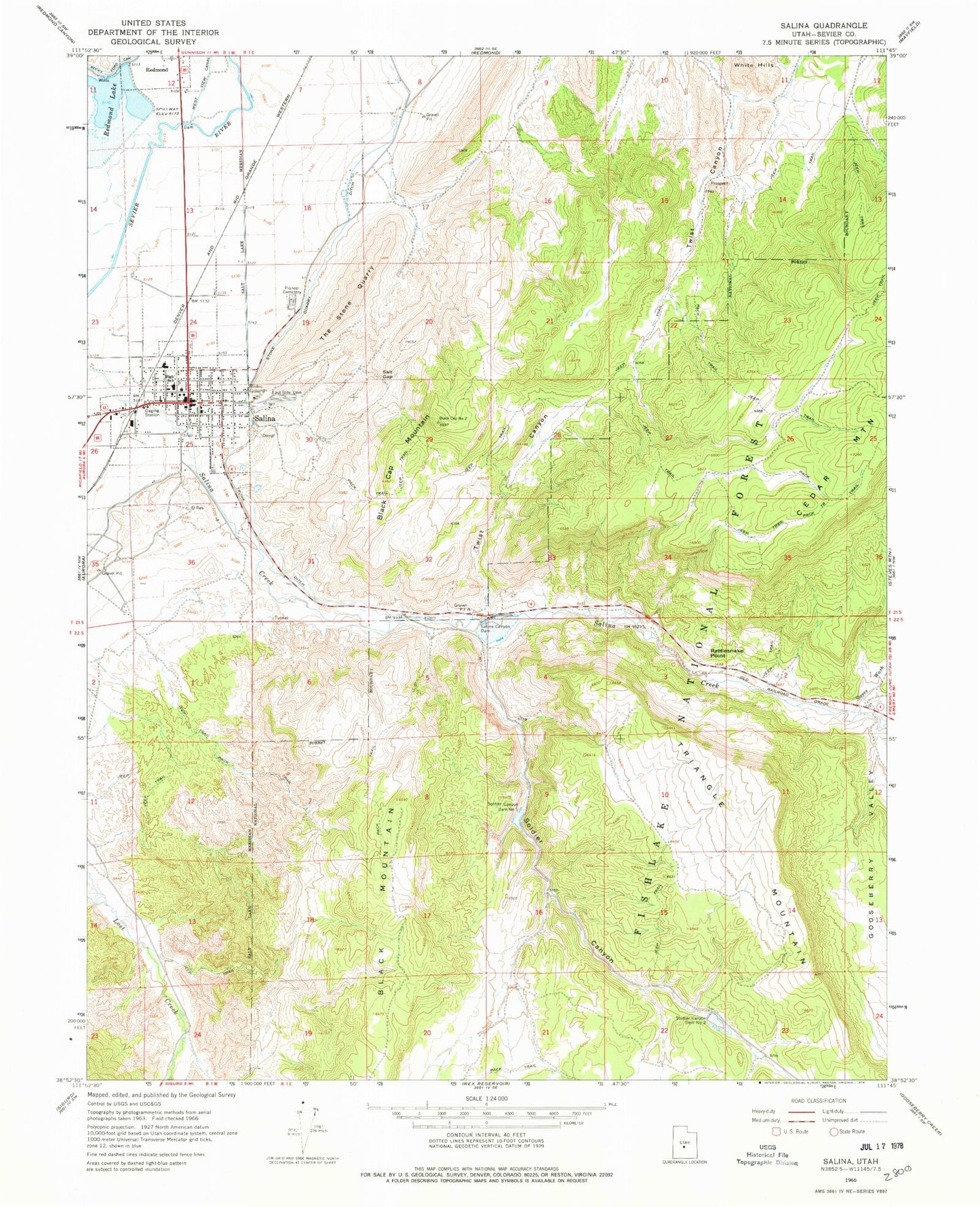 Classic USGS Salina Utah 7.5'x7.5' Topo Map Image