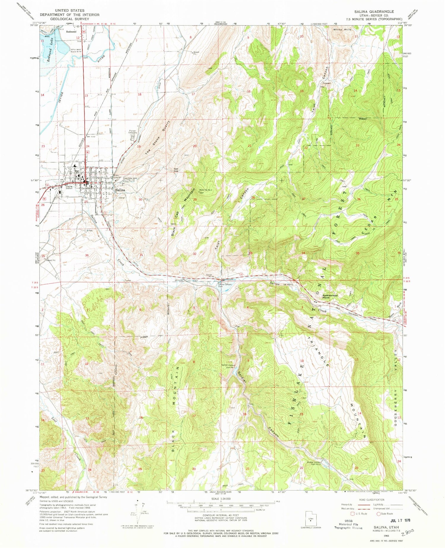 Classic USGS Salina Utah 7.5'x7.5' Topo Map Image