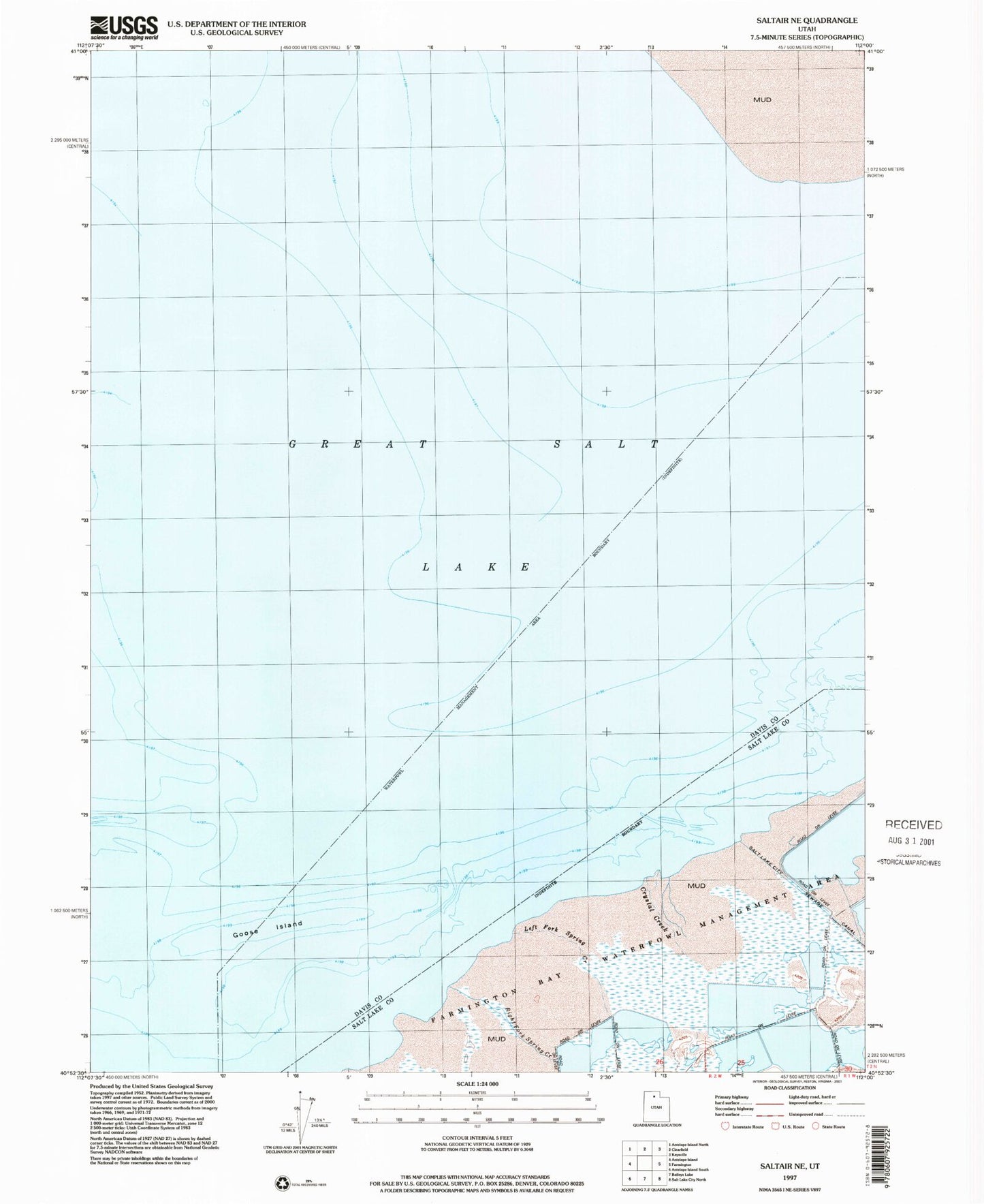 Classic USGS Saltair NE Utah 7.5'x7.5' Topo Map Image