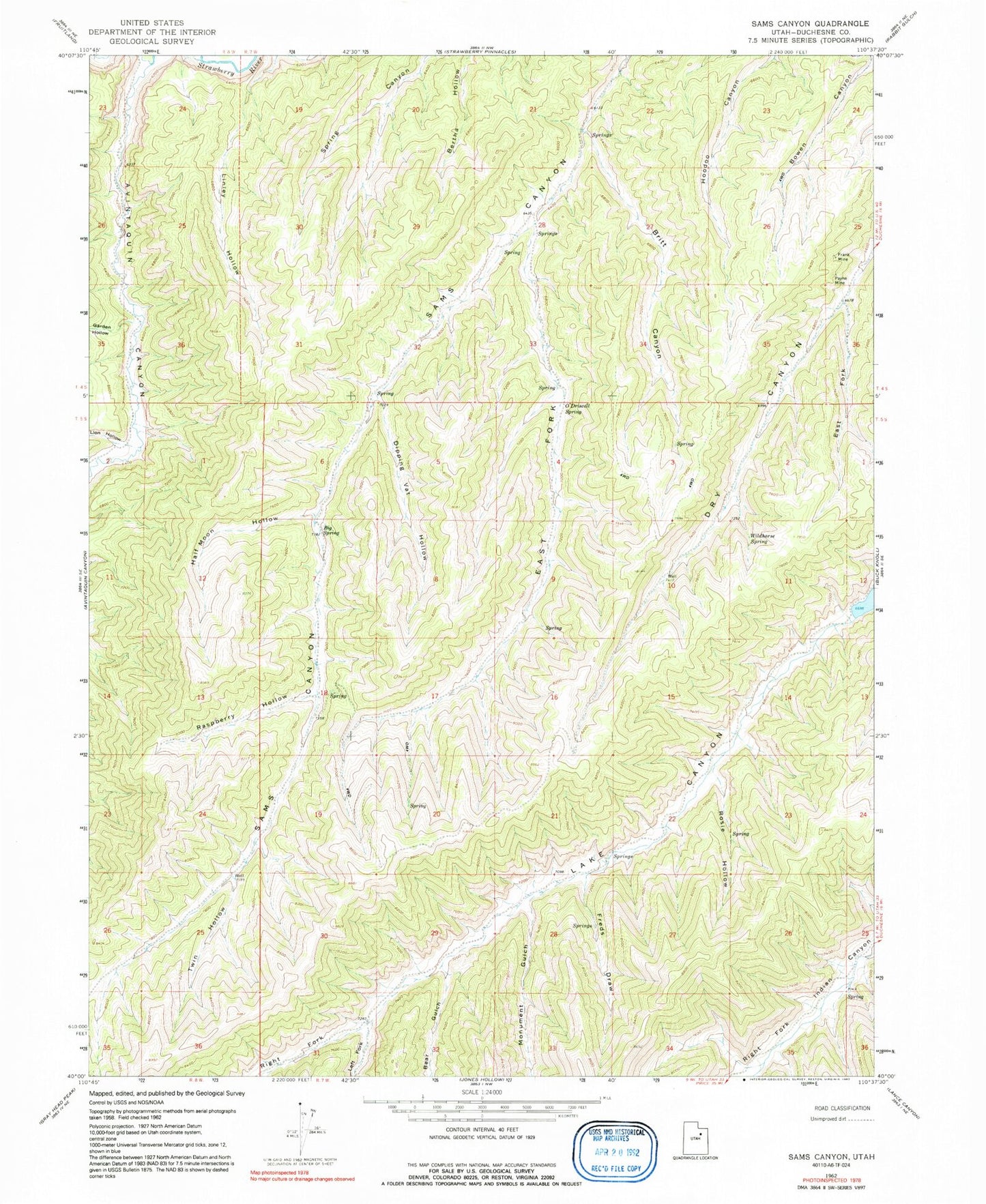 Classic USGS Sams Canyon Utah 7.5'x7.5' Topo Map Image