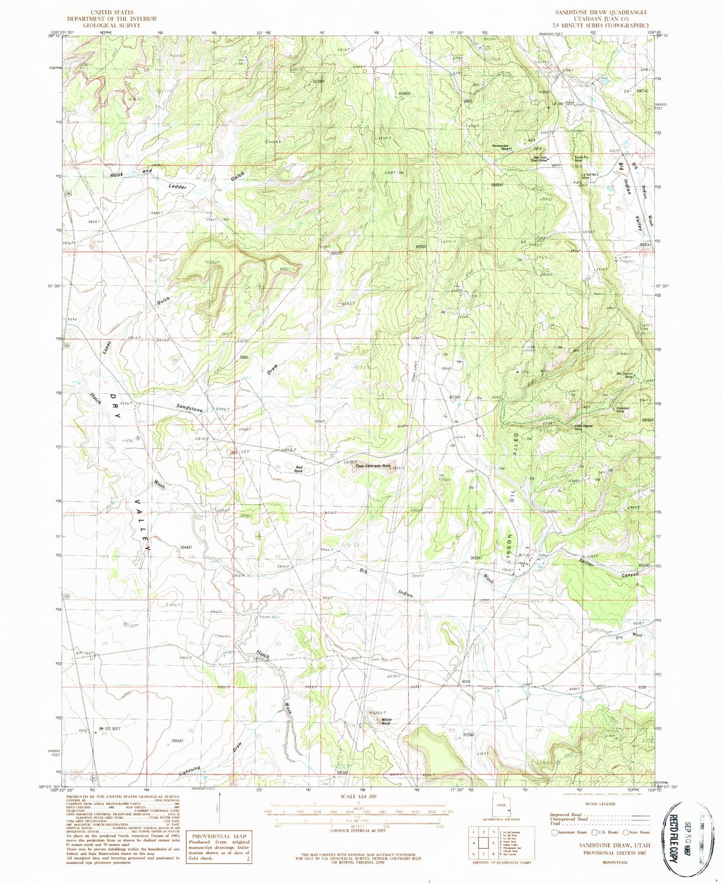 Classic USGS Sandstone Draw Utah 7.5'x7.5' Topo Map Image