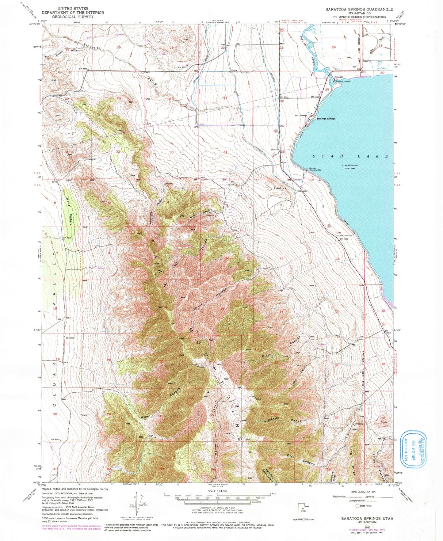 Classic USGS Saratoga Springs Utah 7.5'x7.5' Topo Map Image
