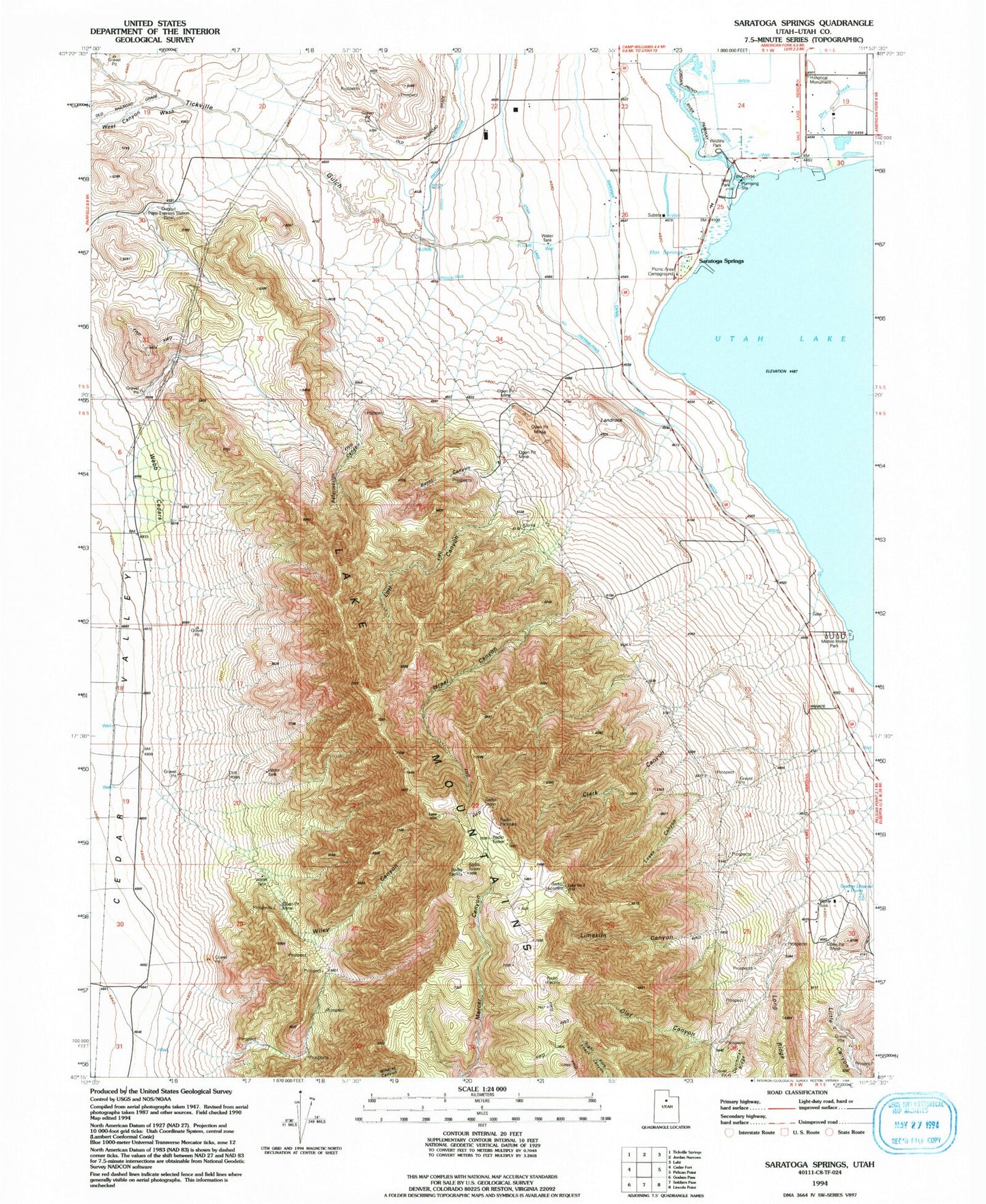 Classic USGS Saratoga Springs Utah 7.5'x7.5' Topo Map Image