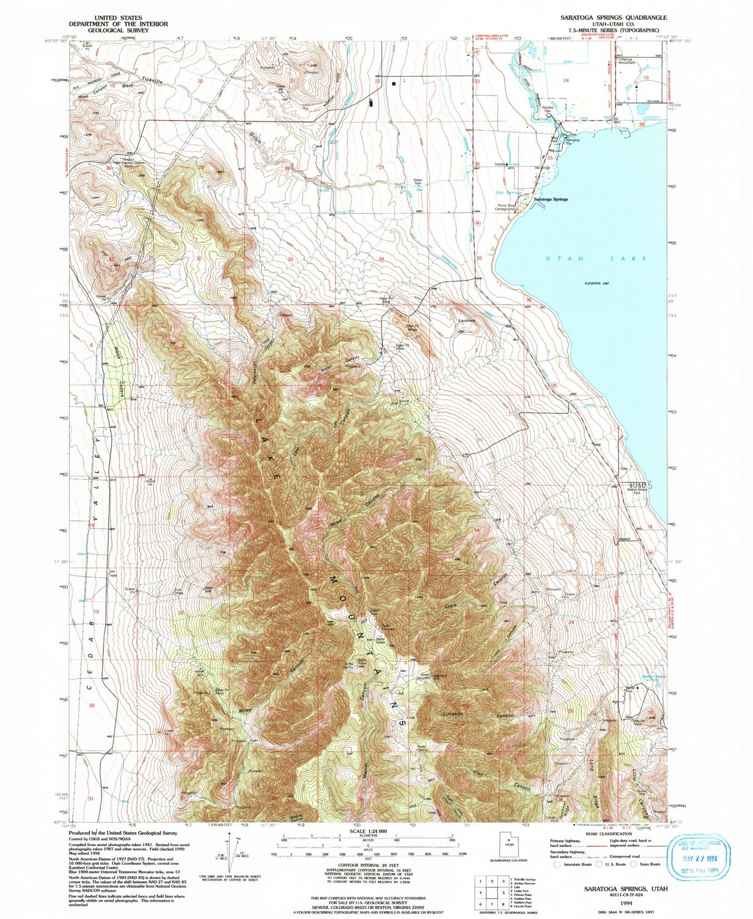 Classic USGS Saratoga Springs Utah 7.5'x7.5' Topo Map Image