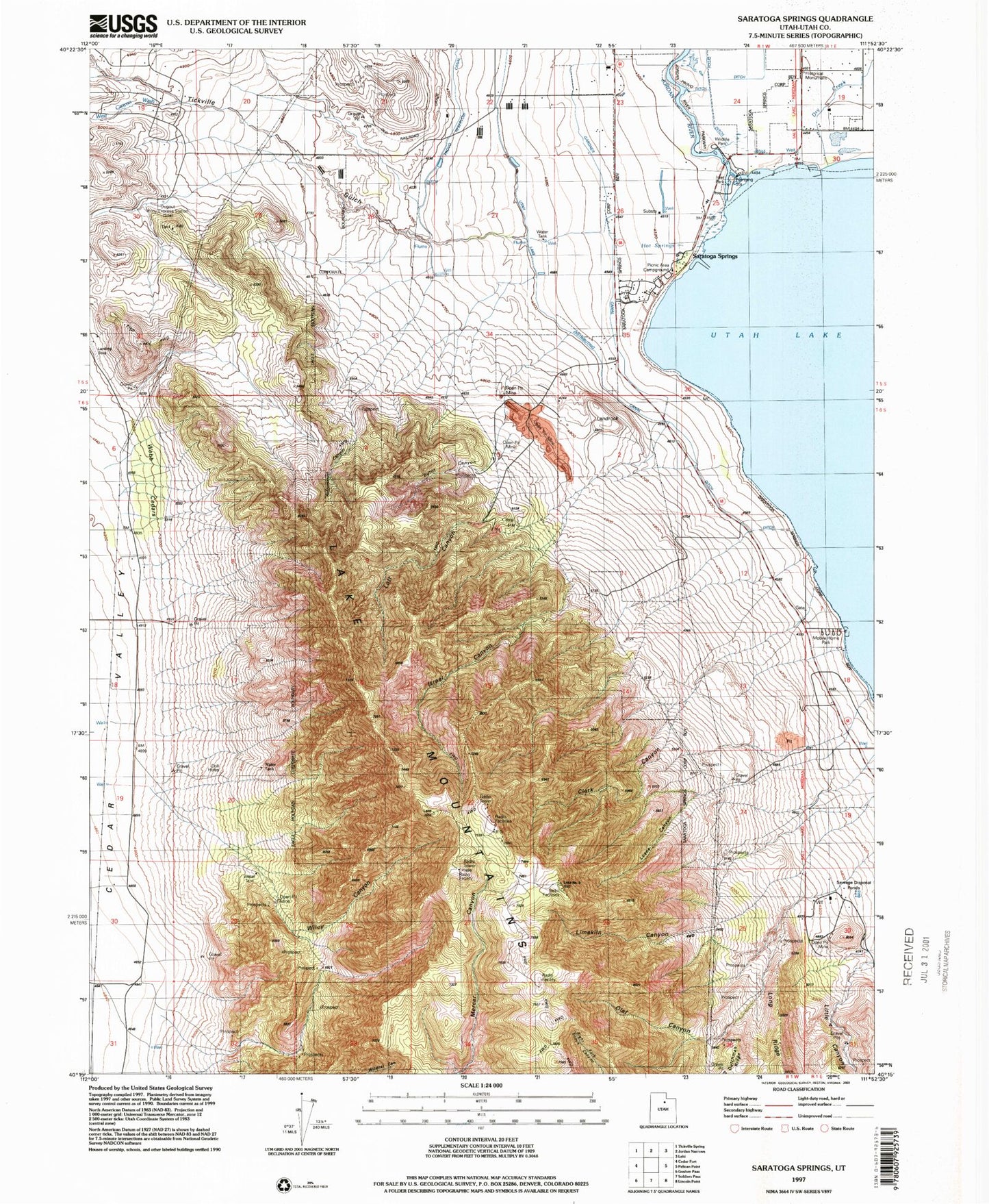 Classic USGS Saratoga Springs Utah 7.5'x7.5' Topo Map Image