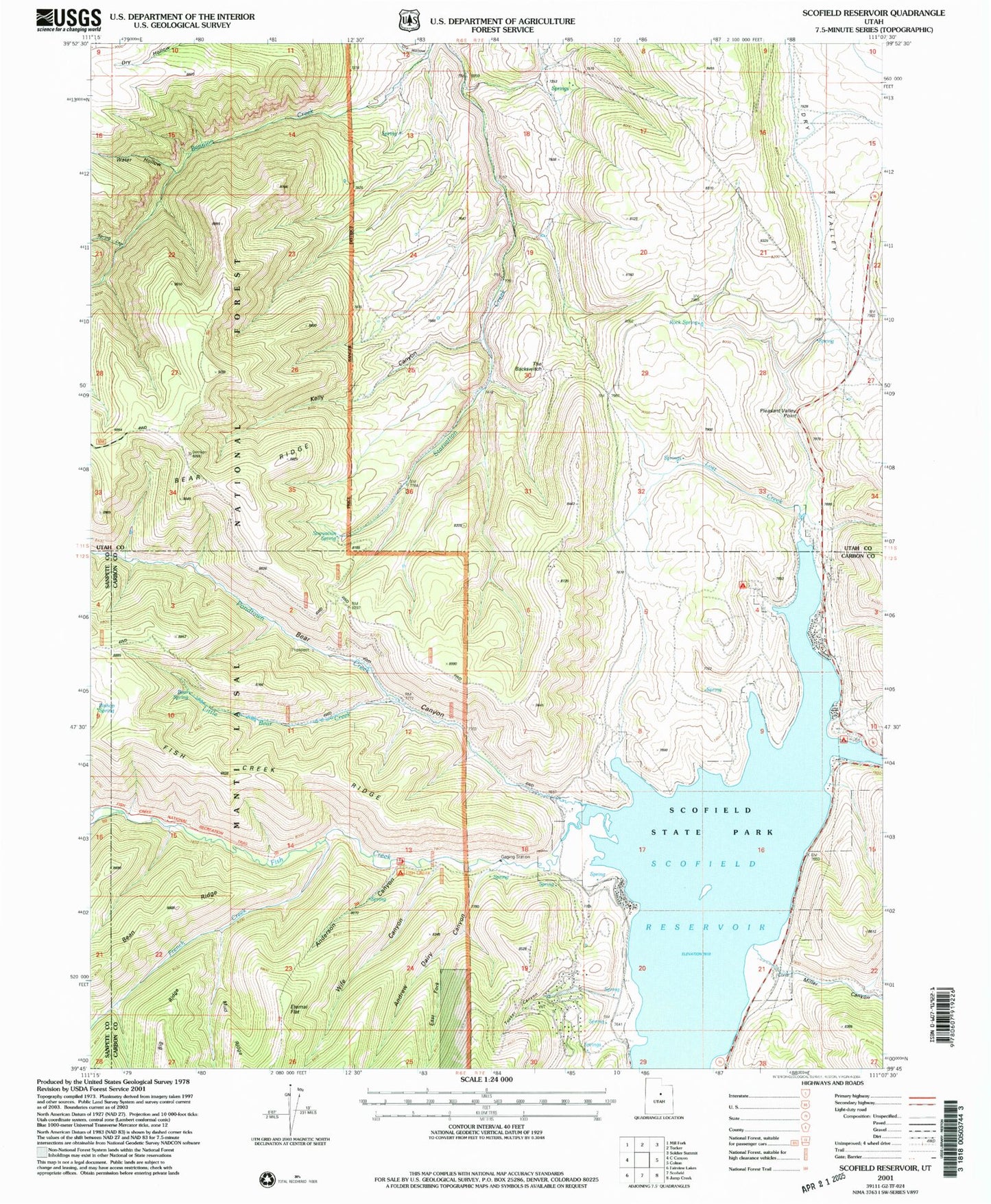 Classic USGS Scofield Reservoir Utah 7.5'x7.5' Topo Map Image