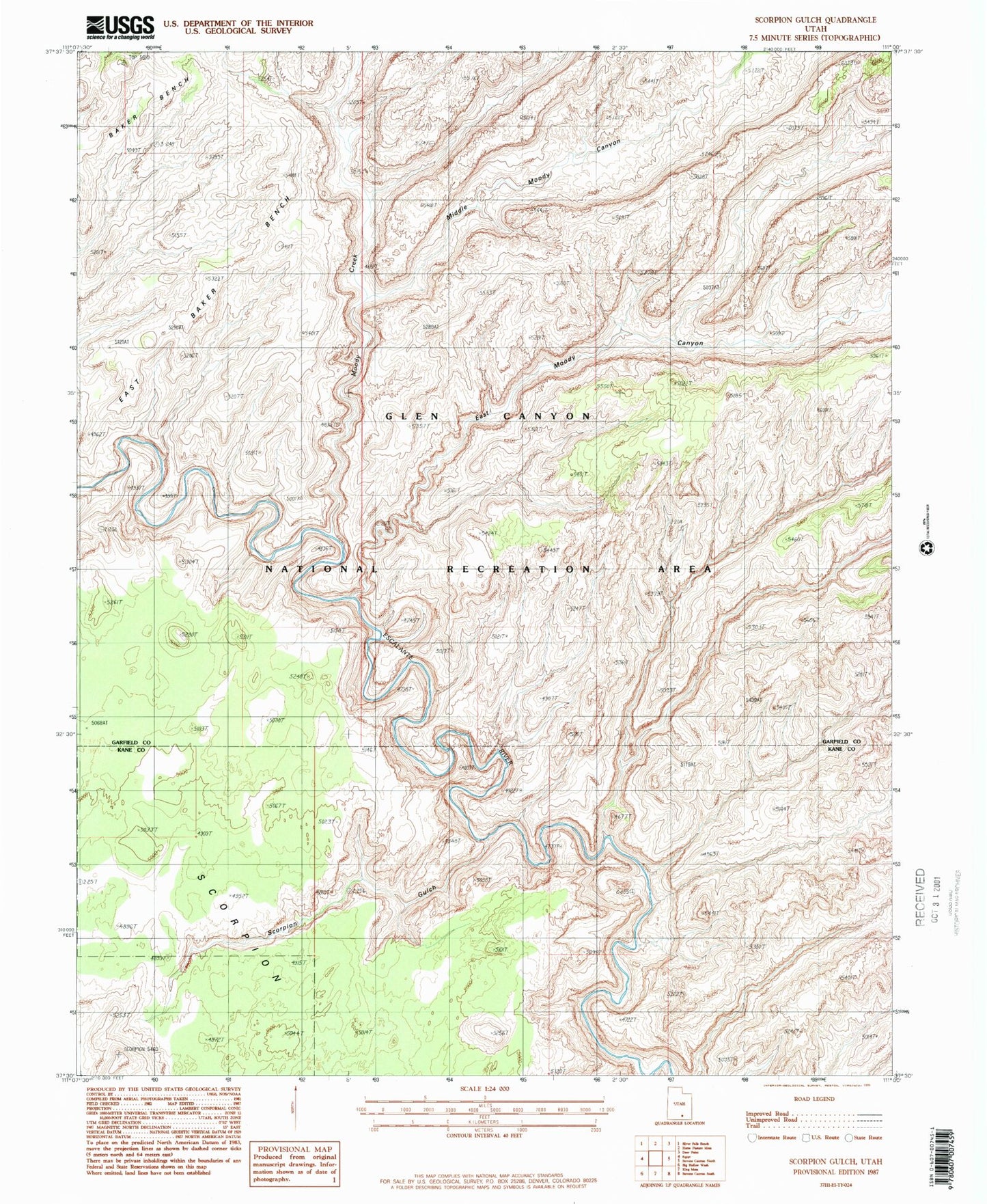Classic USGS Scorpion Gulch Utah 7.5'x7.5' Topo Map Image