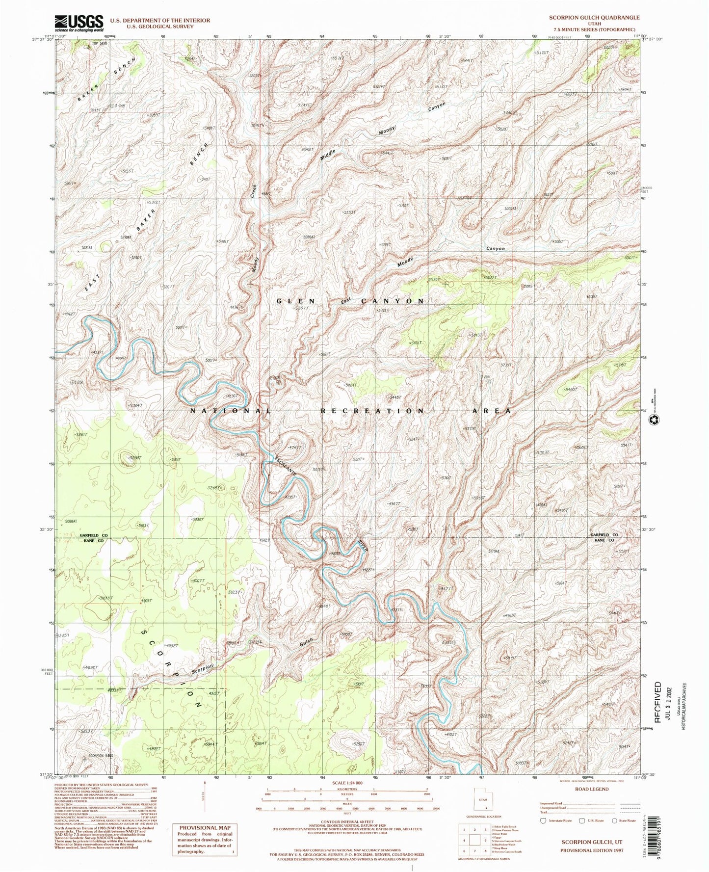 Classic USGS Scorpion Gulch Utah 7.5'x7.5' Topo Map Image