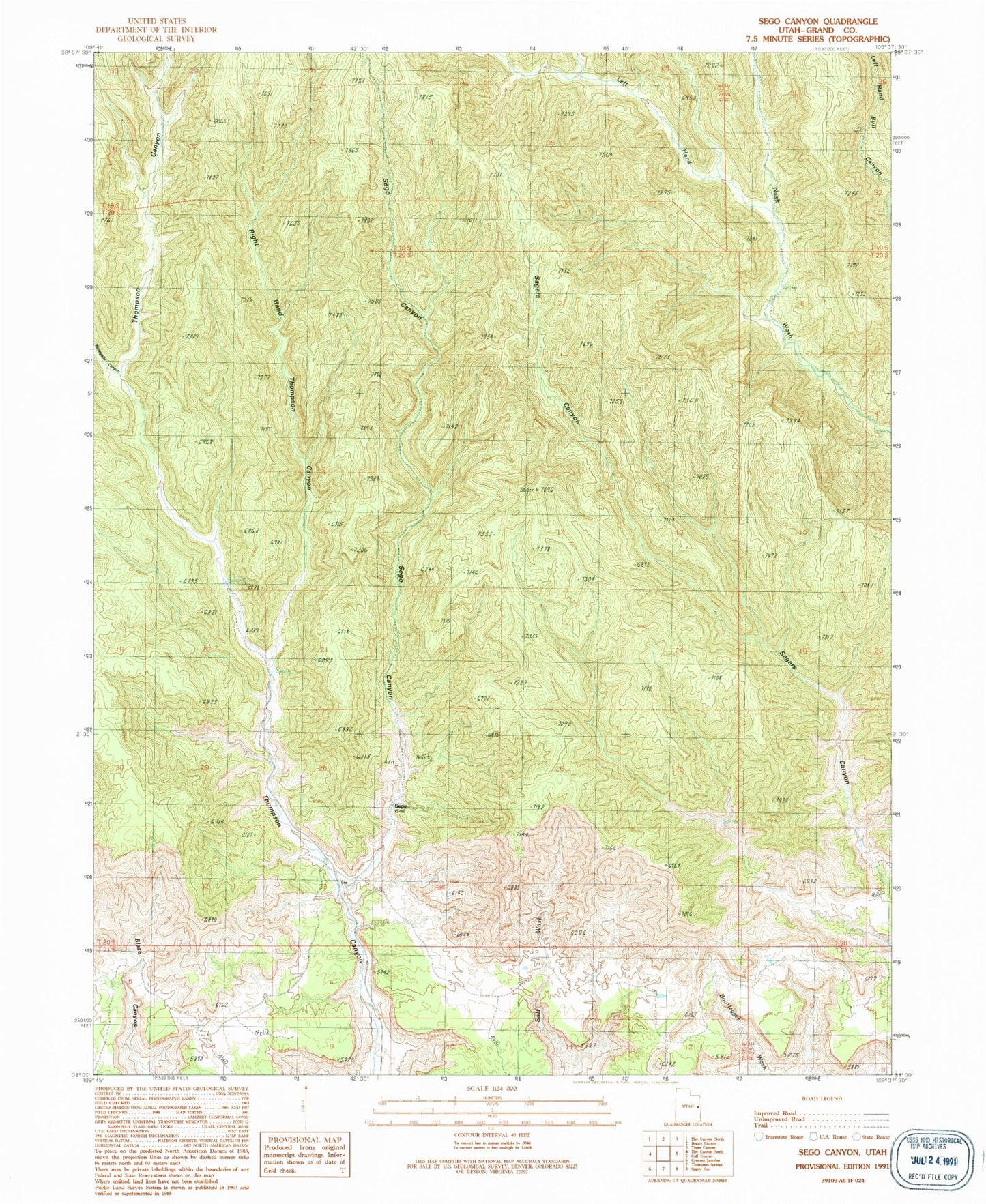 Classic USGS Sego Canyon Utah 7.5'x7.5' Topo Map Image