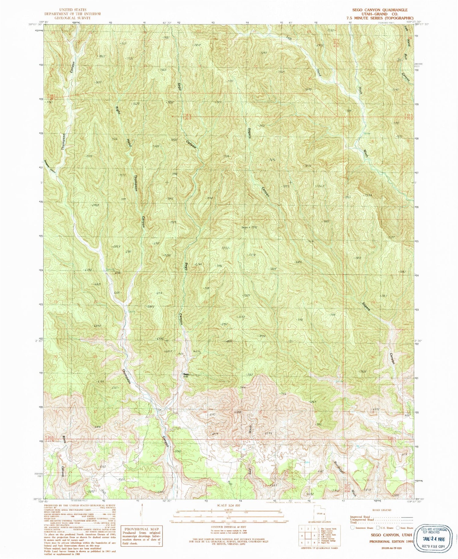 Classic USGS Sego Canyon Utah 7.5'x7.5' Topo Map Image