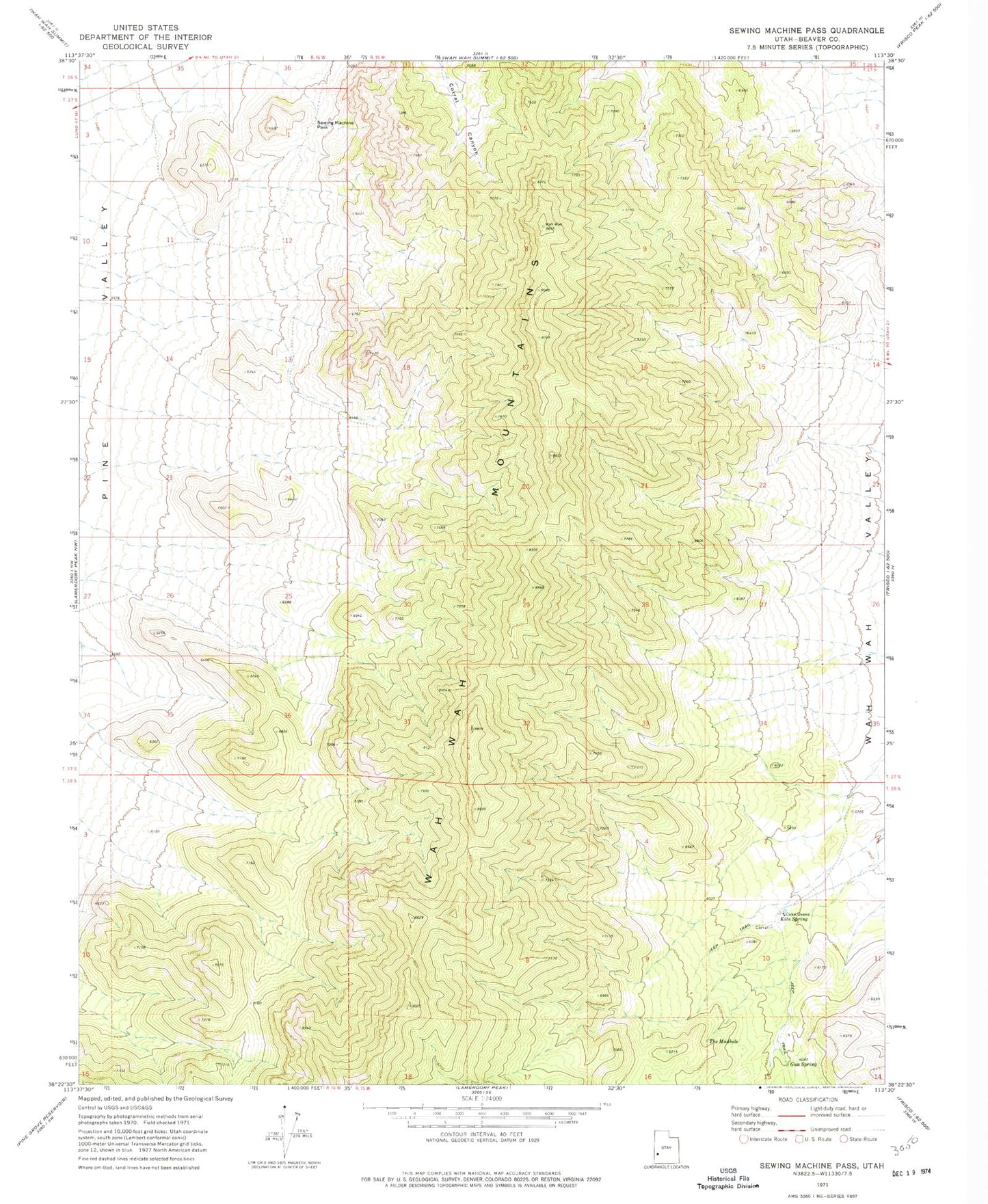 Classic USGS Sewing Machine Pass Utah 7.5'x7.5' Topo Map Image