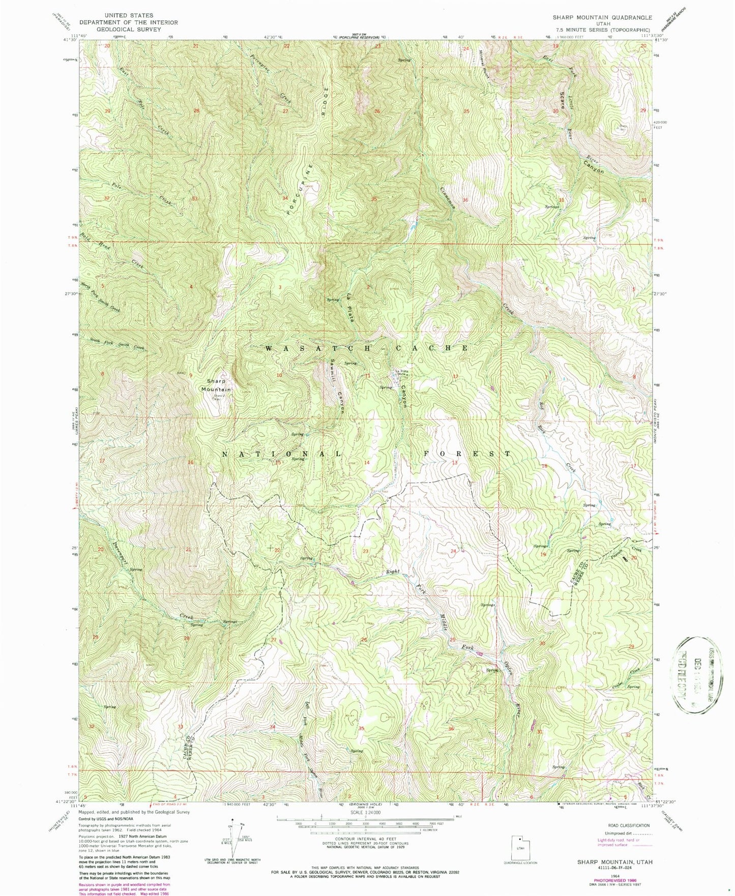 Classic USGS Sharp Mountain Utah 7.5'x7.5' Topo Map Image