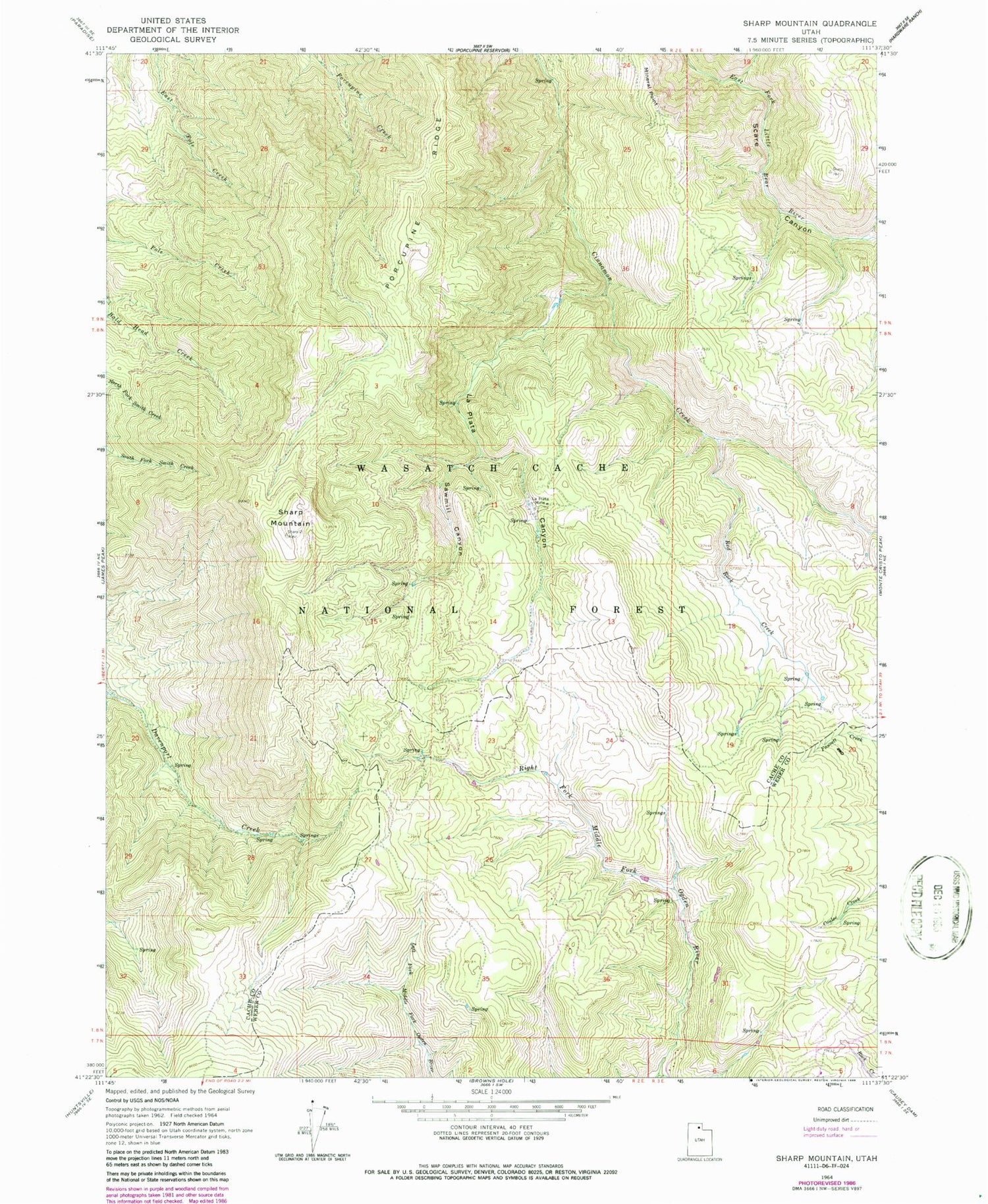 Classic USGS Sharp Mountain Utah 7.5'x7.5' Topo Map Image