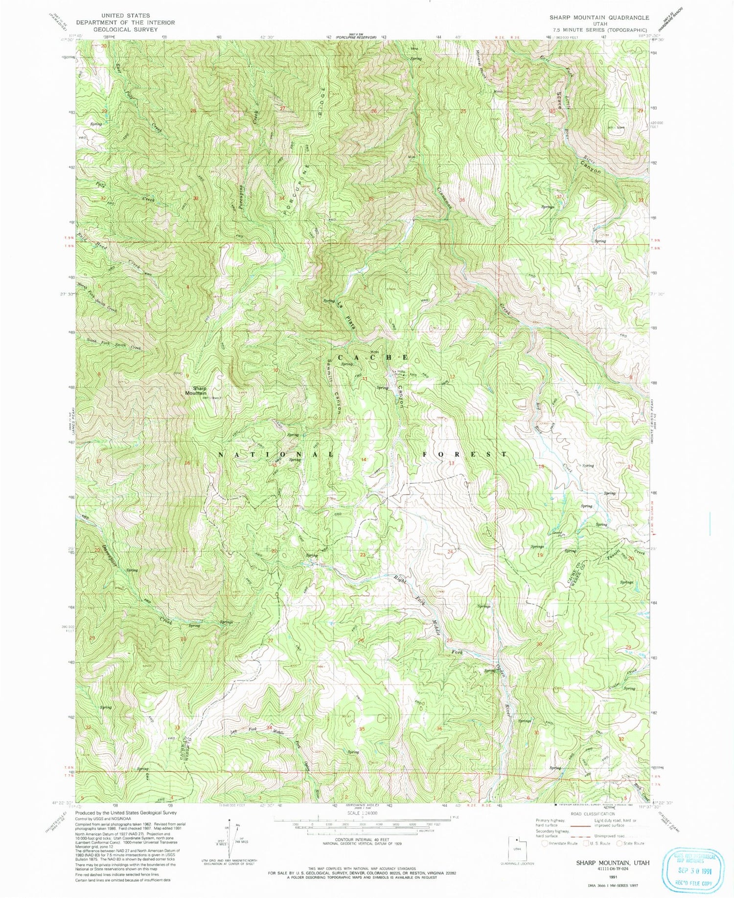 Classic USGS Sharp Mountain Utah 7.5'x7.5' Topo Map Image