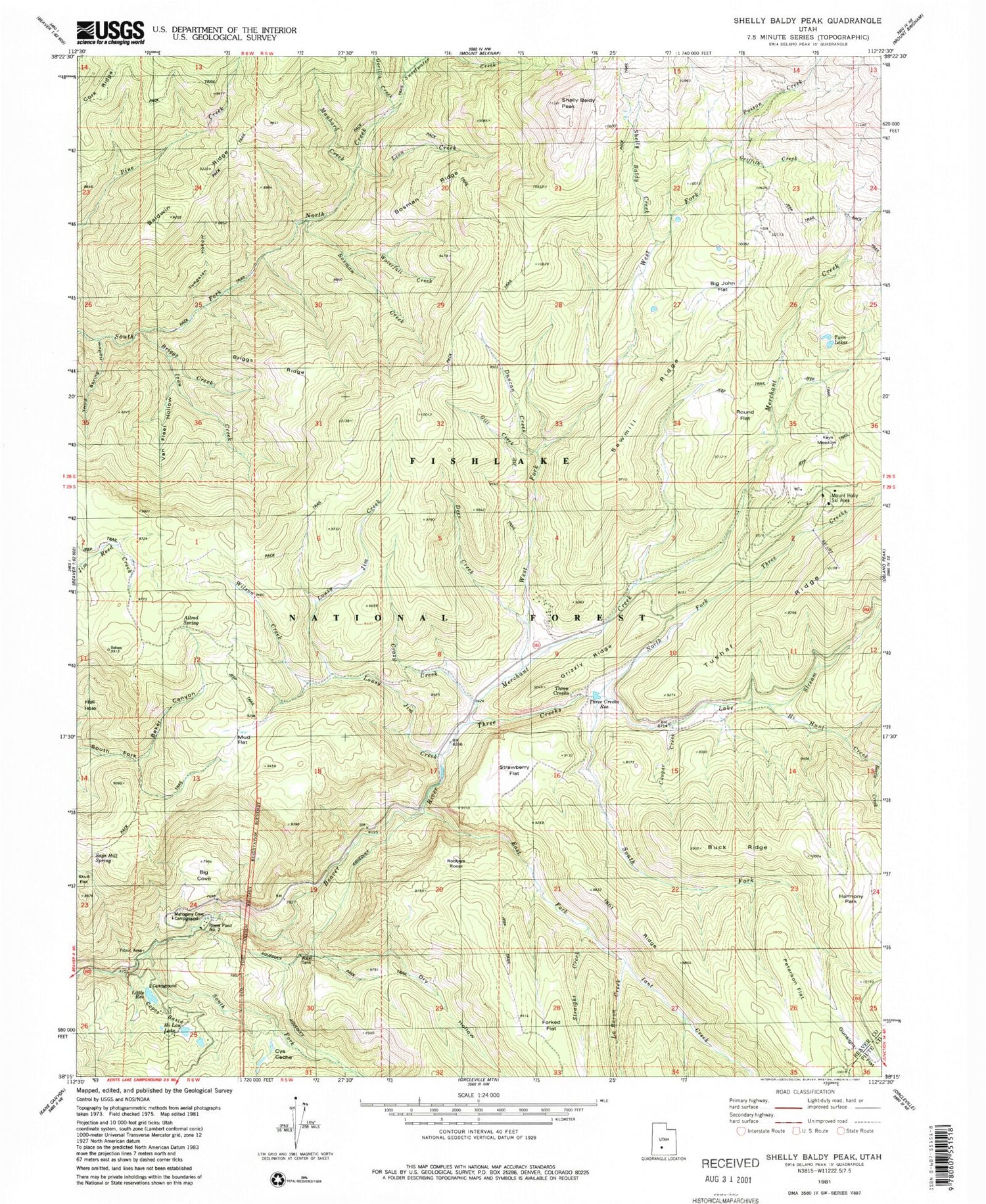 Classic USGS Shelly Baldy Peak Utah 7.5'x7.5' Topo Map Image