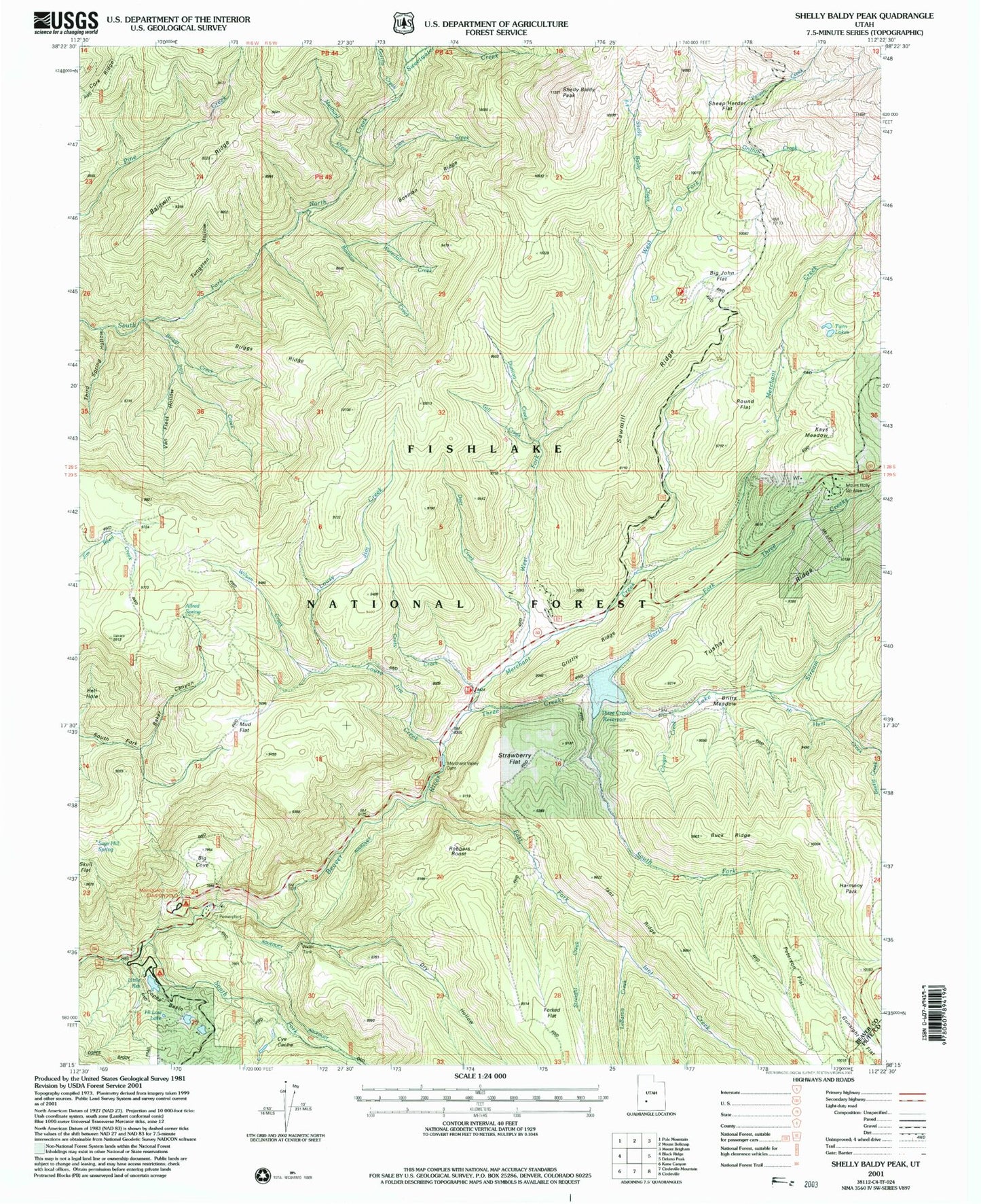 Classic USGS Shelly Baldy Peak Utah 7.5'x7.5' Topo Map Image