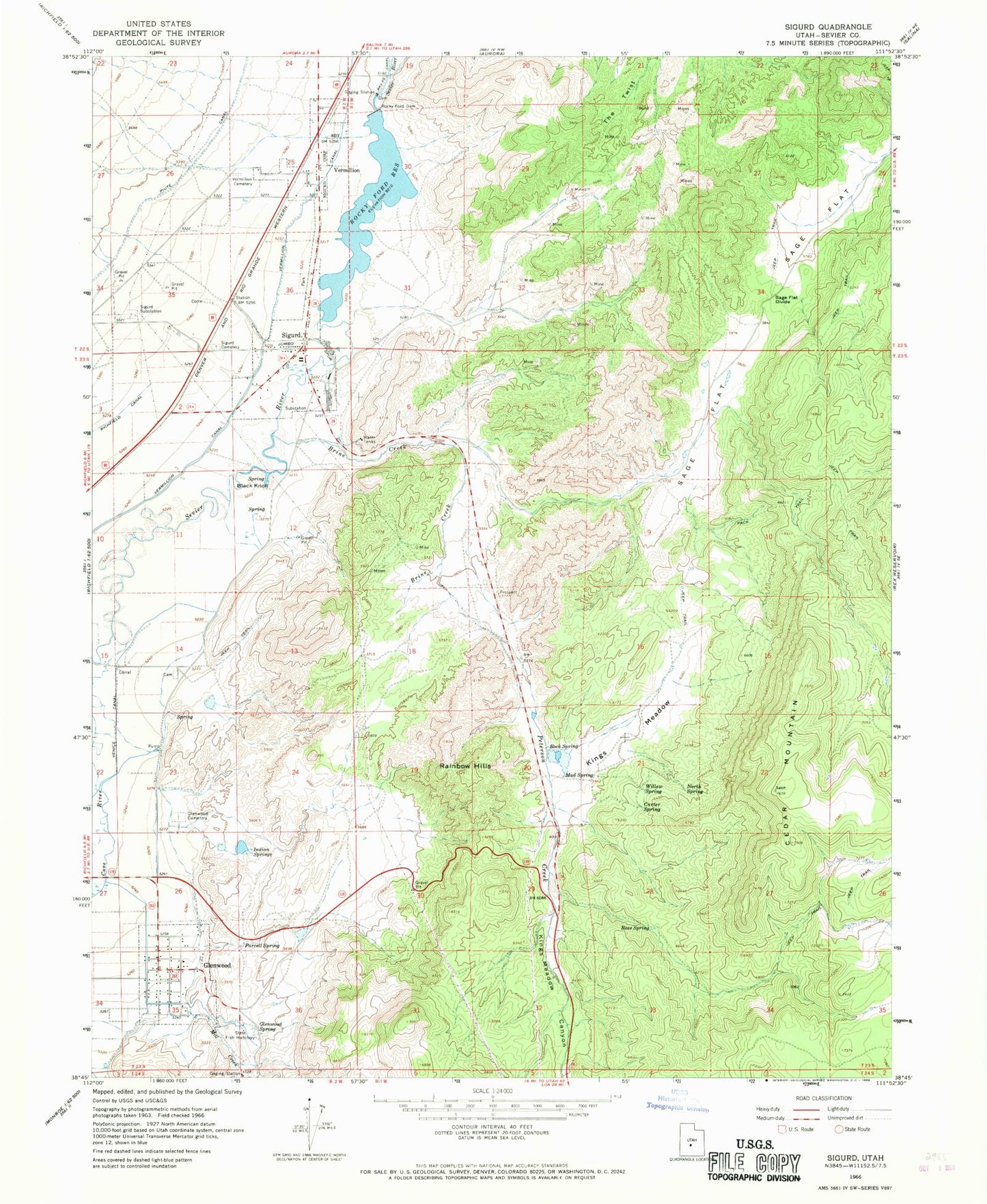 Classic USGS Sigurd Utah 7.5'x7.5' Topo Map Image
