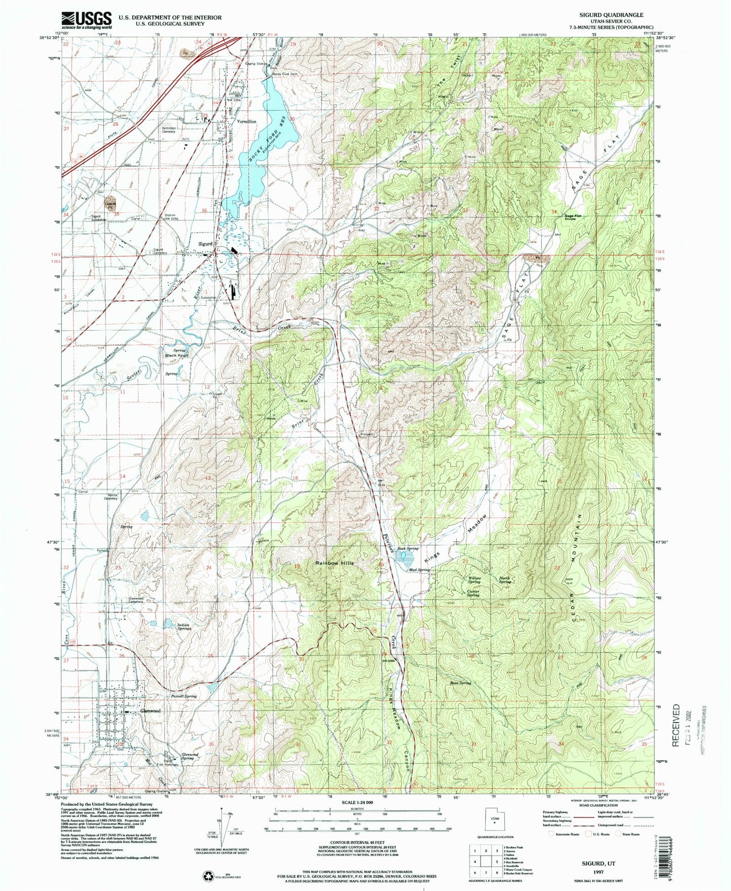 Classic USGS Sigurd Utah 7.5'x7.5' Topo Map Image