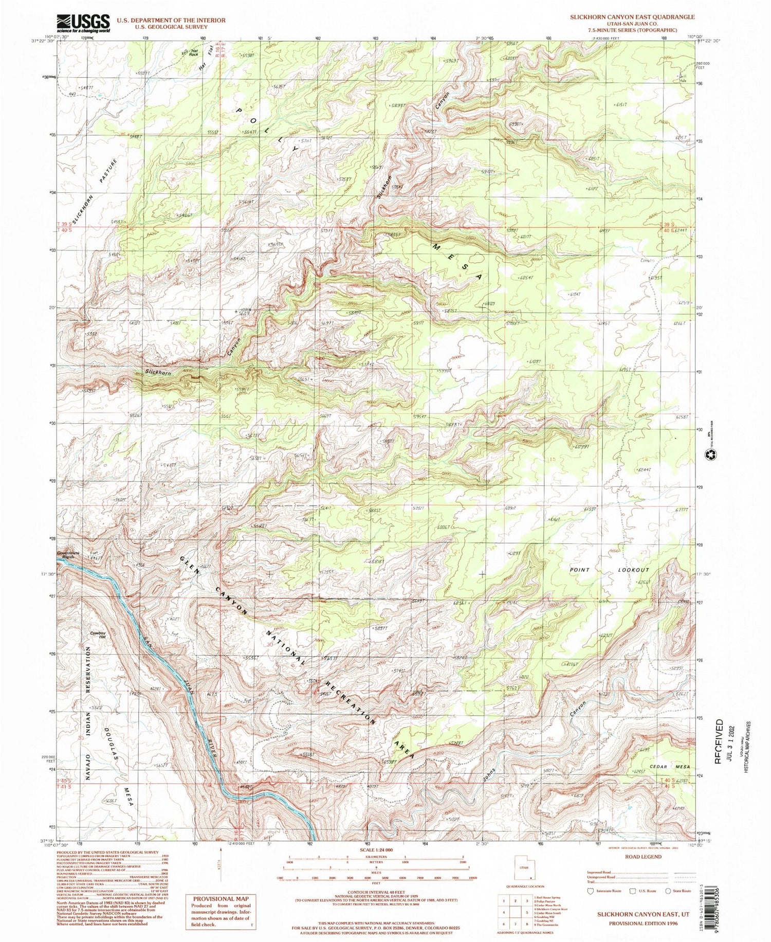 Classic USGS Slickhorn Canyon East Utah 7.5'x7.5' Topo Map Image
