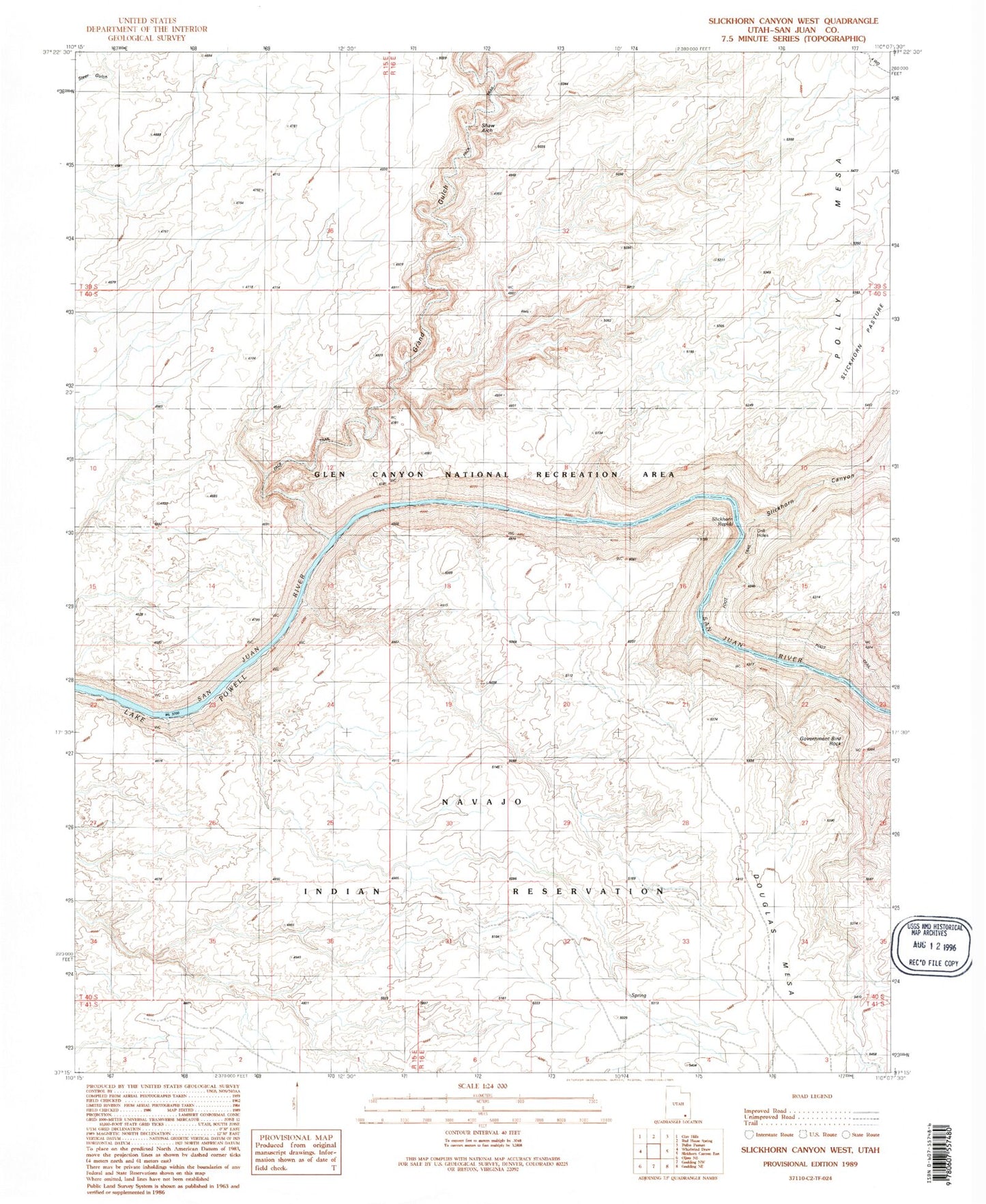 Classic USGS Slickhorn Canyon West Utah 7.5'x7.5' Topo Map Image
