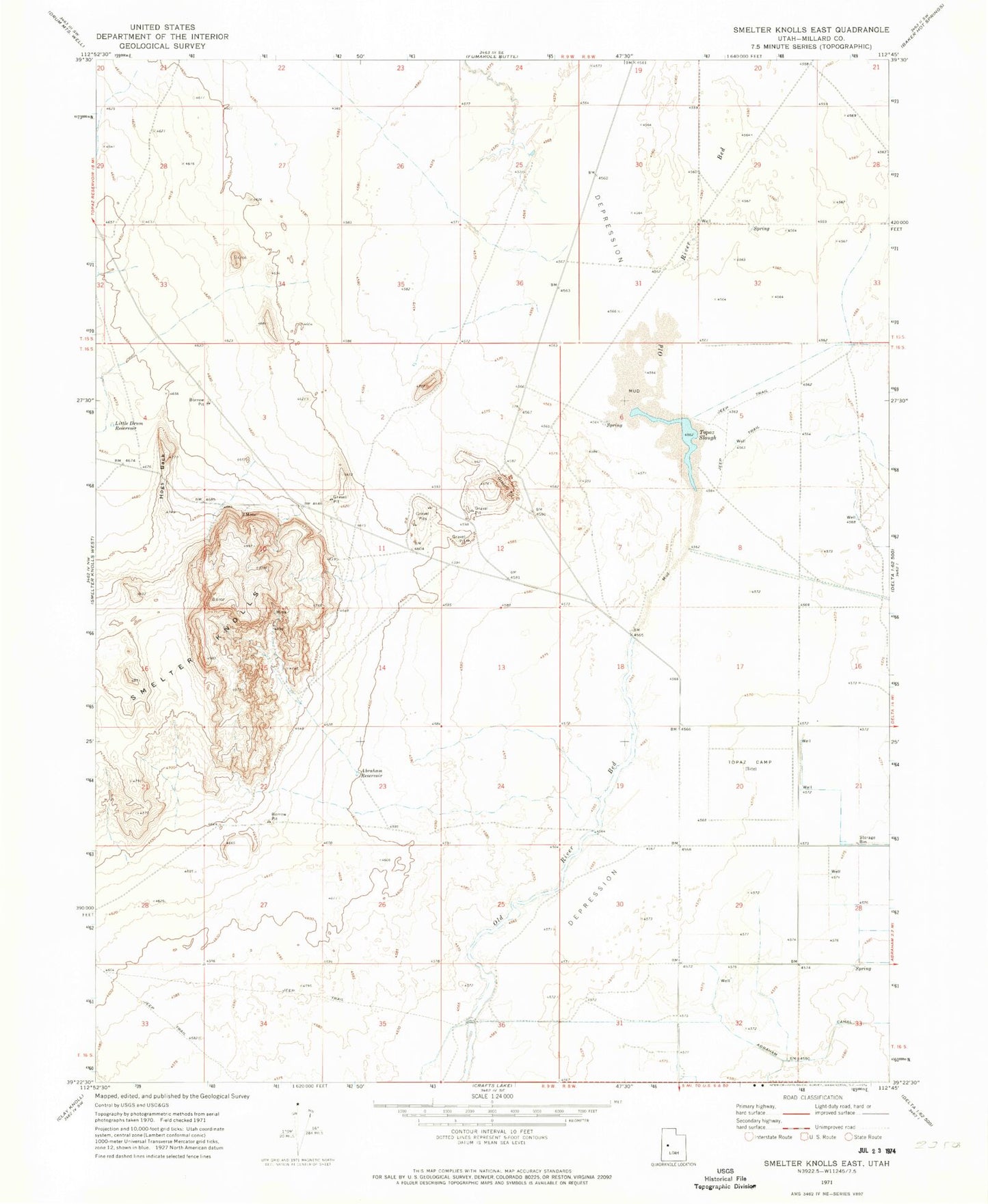 Classic USGS Smelter Knolls East Utah 7.5'x7.5' Topo Map Image