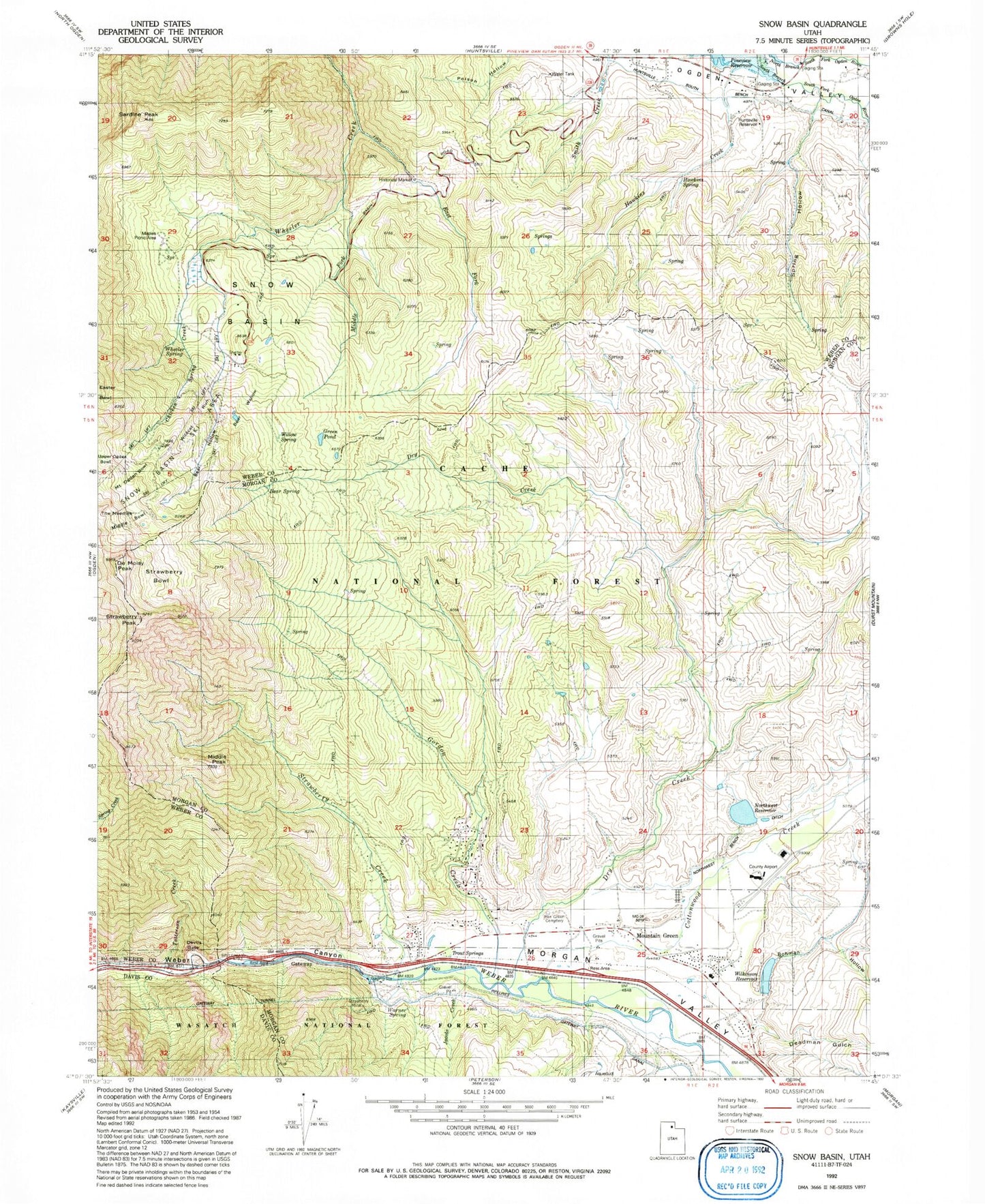 Classic USGS Snow Basin Utah 7.5'x7.5' Topo Map Image