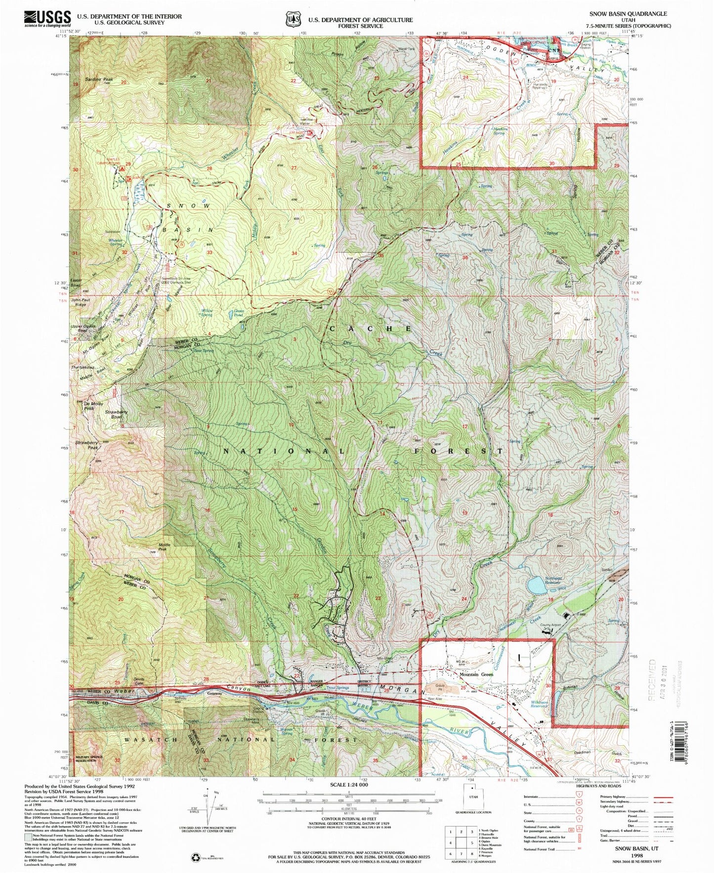 Classic USGS Snow Basin Utah 7.5'x7.5' Topo Map Image