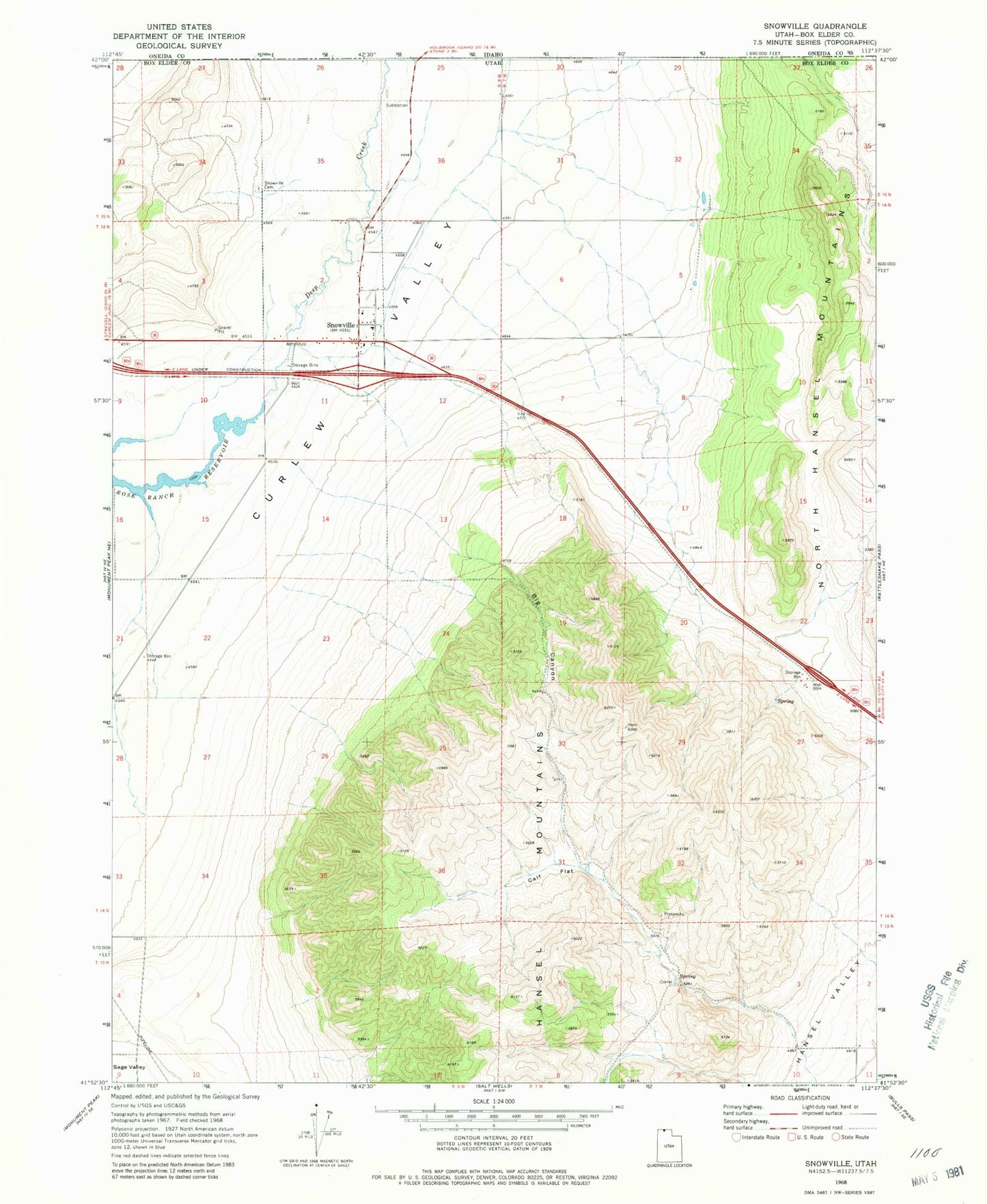 Classic USGS Snowville Utah 7.5'x7.5' Topo Map Image