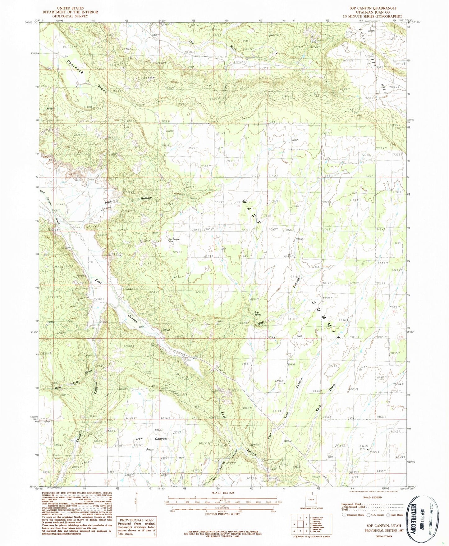 Classic USGS Sop Canyon Utah 7.5'x7.5' Topo Map Image