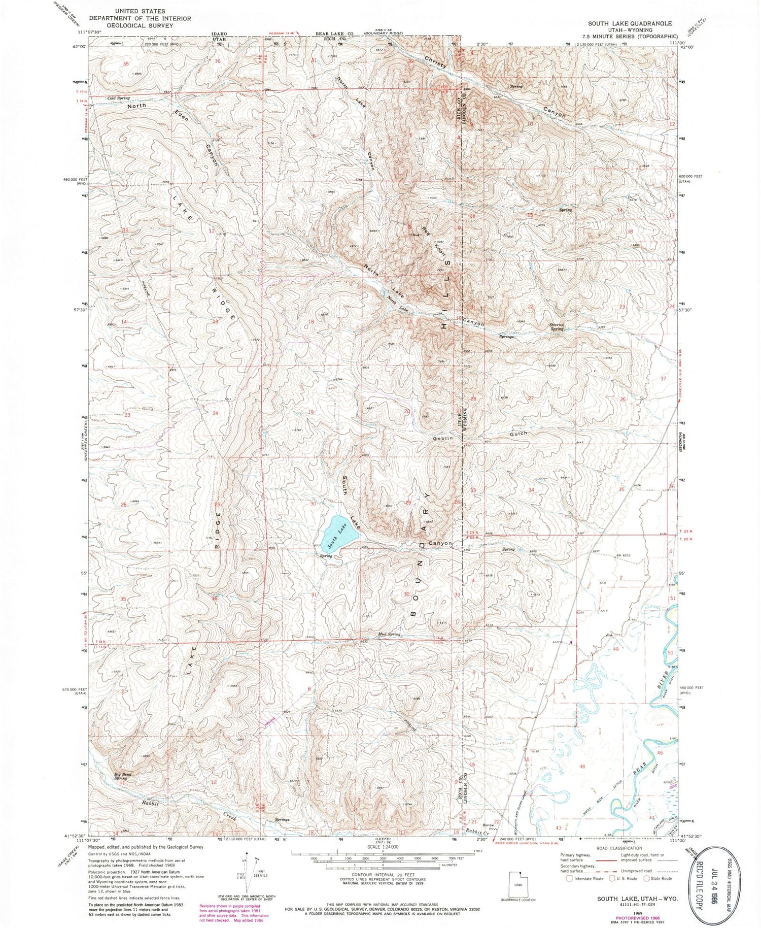Classic USGS South Lake Utah 7.5'x7.5' Topo Map Image
