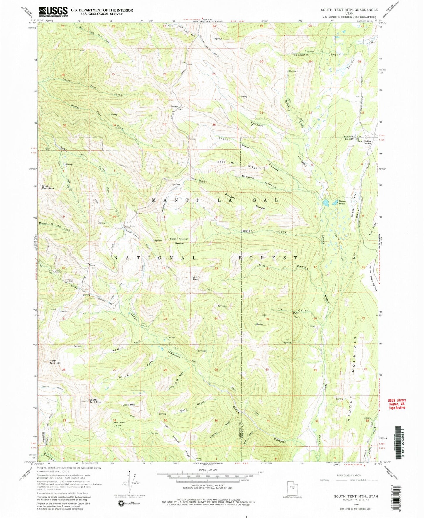 Classic USGS South Tent Mountain Utah 7.5'x7.5' Topo Map Image